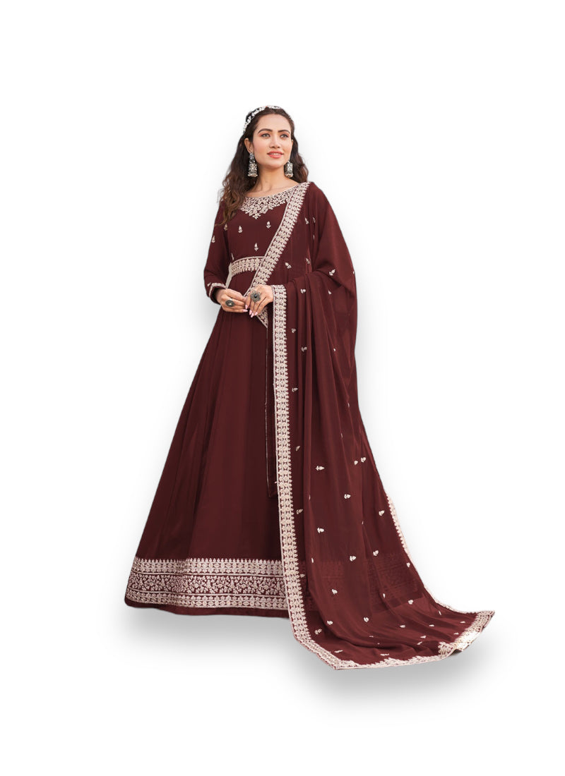 Traditional brown faux georgette salwar kameez with heavy embroidery, cultural wear for women, by Saree Ghor Charlotte.
