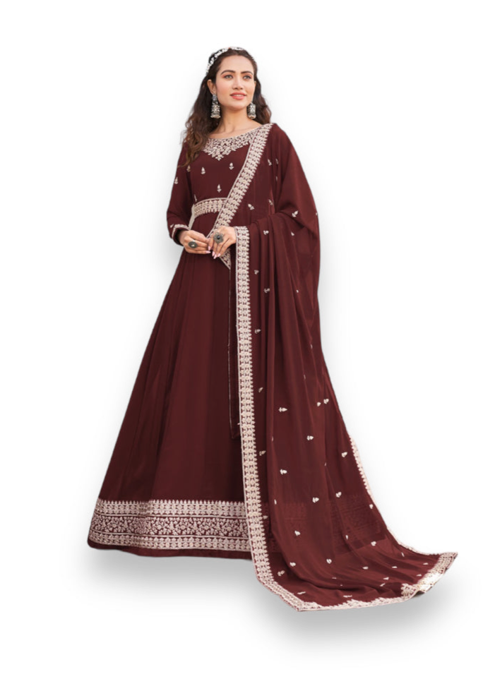 Traditional brown faux georgette salwar kameez with heavy work, ethnic wear for women, by Saree Ghor Charlotte.