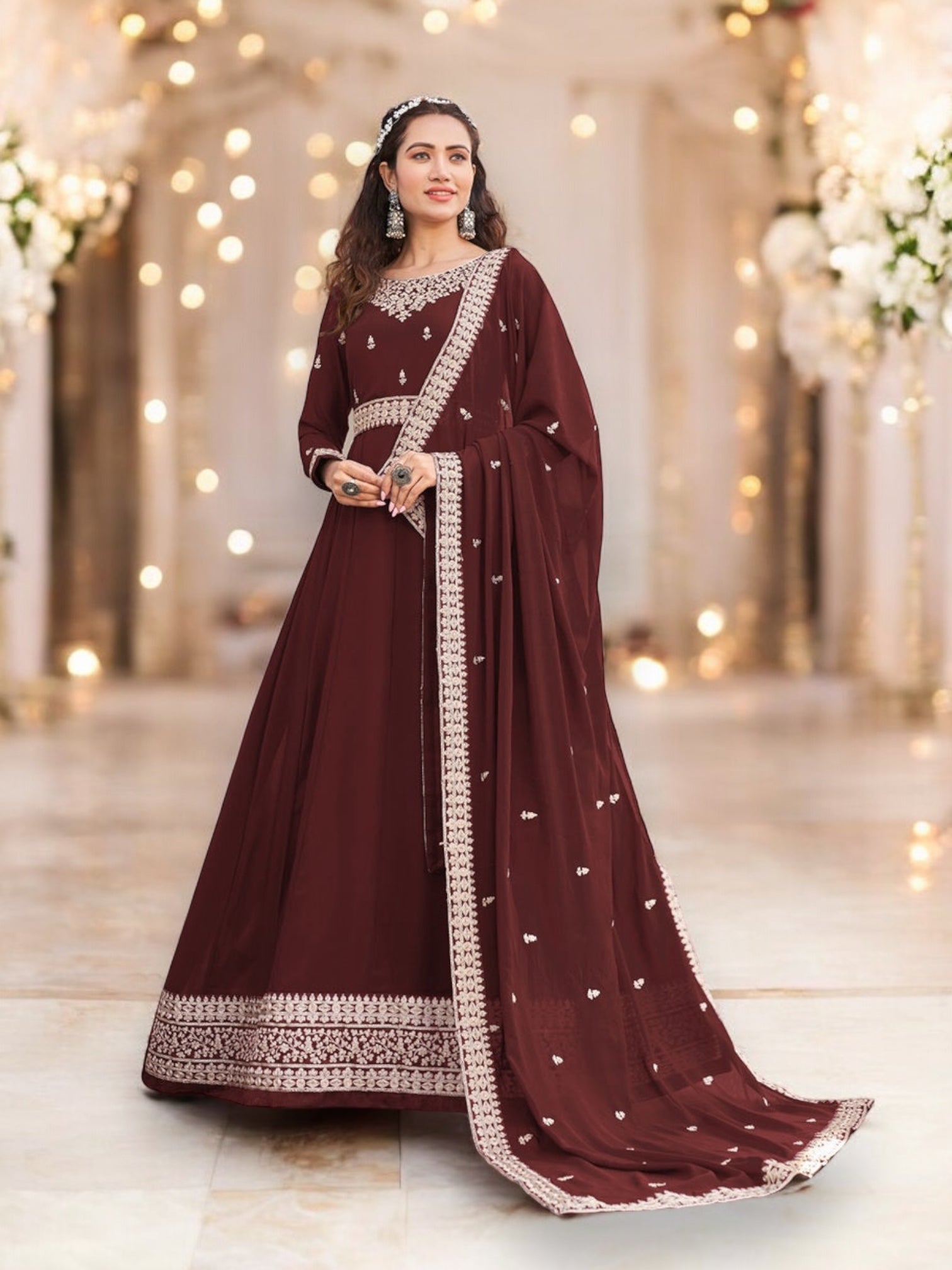 Traditional brown faux georgette salwar kameez with heavy embroidery, ethnic wear for women by Saree Ghor Charlotte.