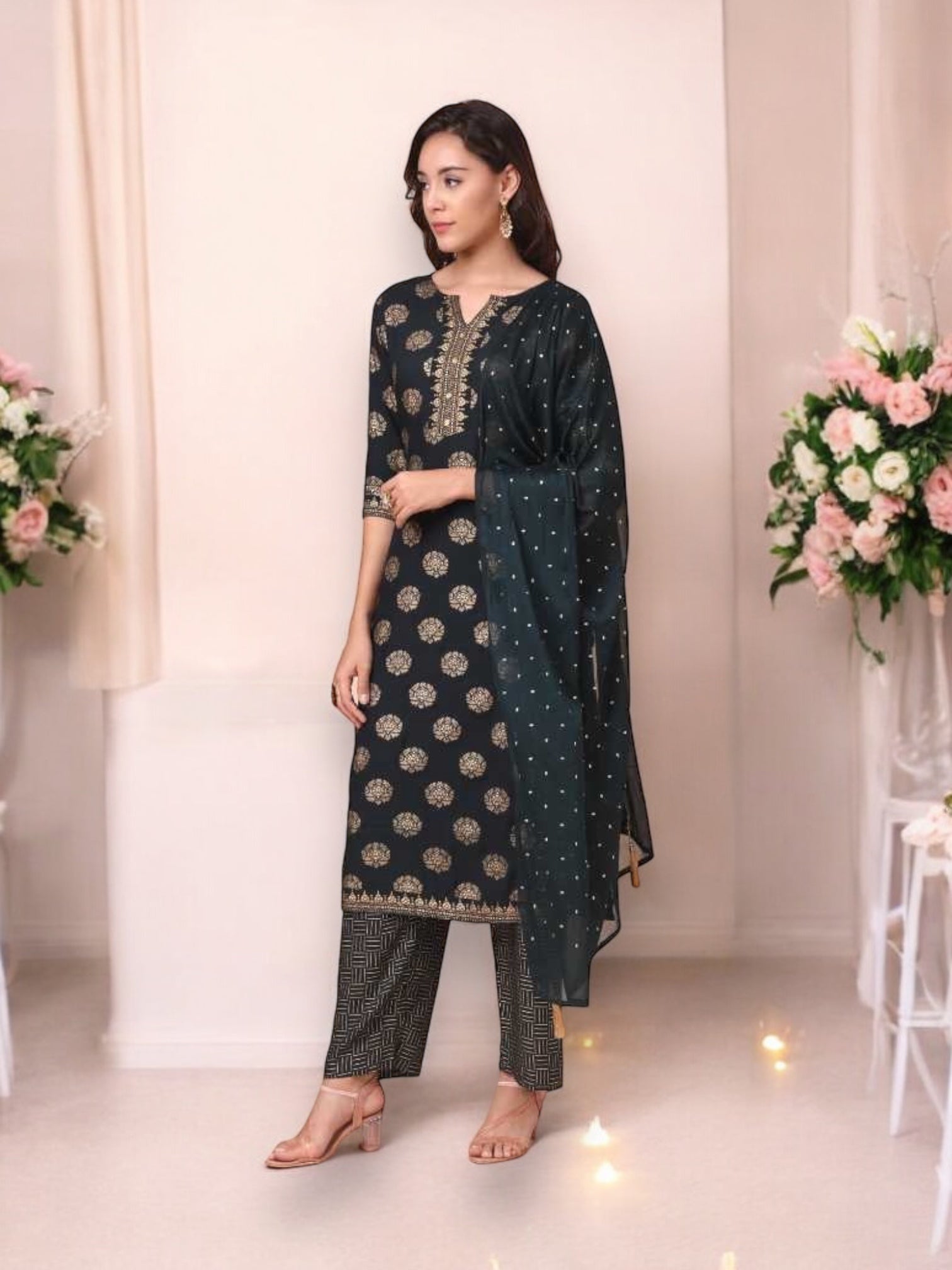 Traditional designer Salwar Kameez set with kurti, pants, and dupatta by Saree Ghor Charlotte, ethnic wear for women.