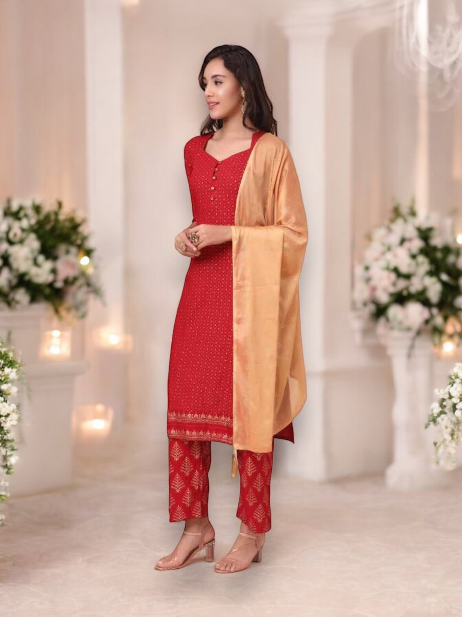 Traditional designer Salwar Kameez set with kurti, pants, and dupatta by Saree Ghor Charlotte, ethnic wear for women.