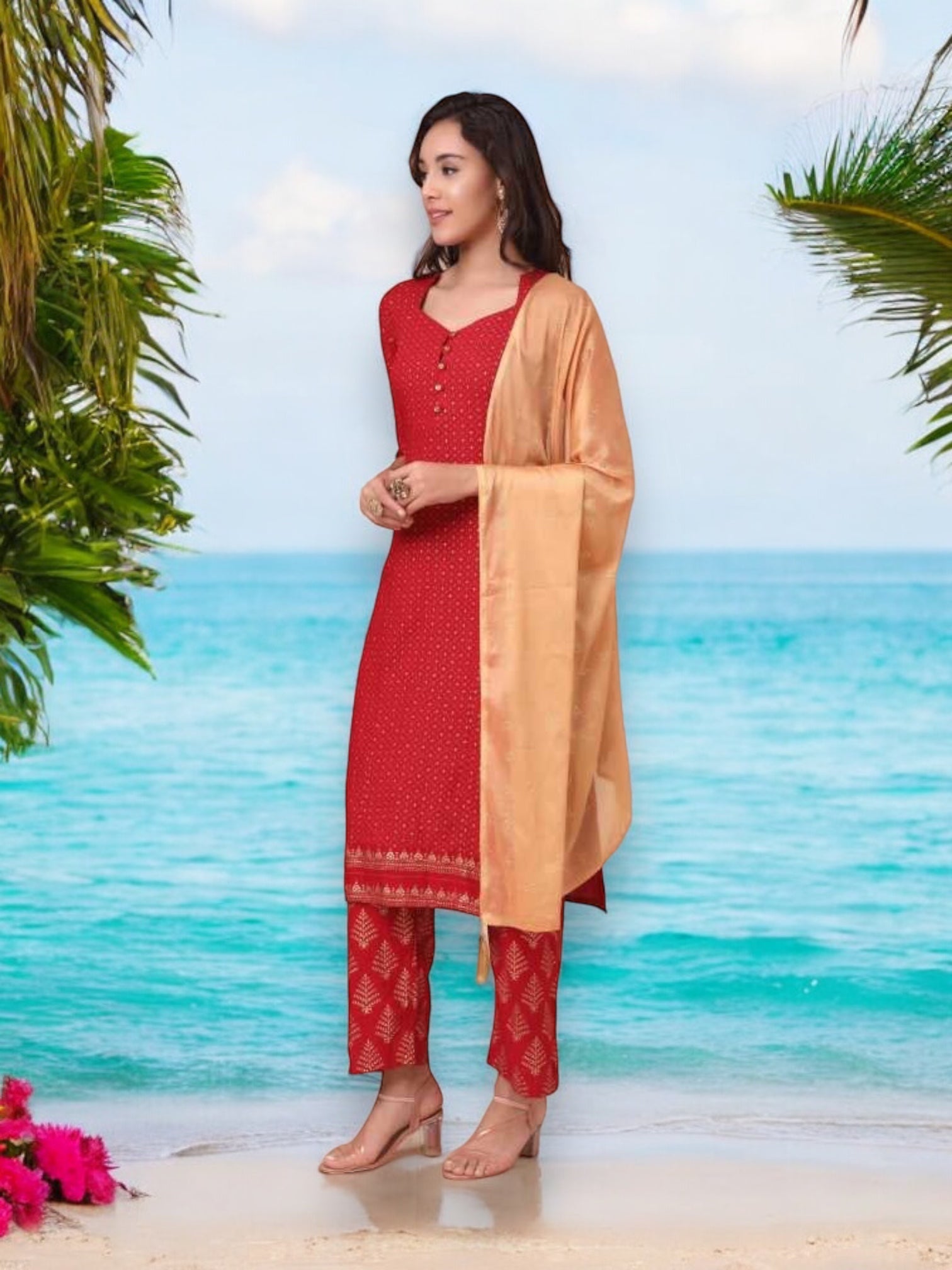 Traditional designer Salwar Kameez set with kurti, pants, and dupatta by Saree Ghor Charlotte, perfect for cultural wear for women.