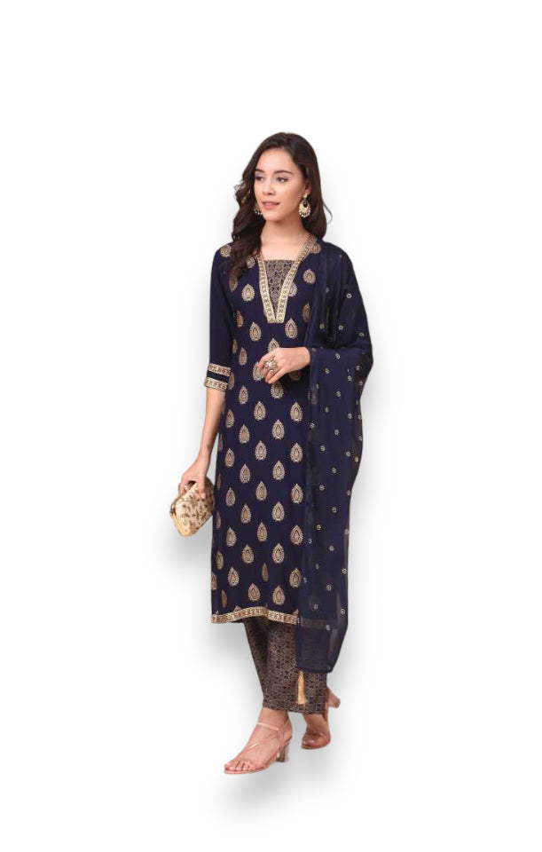 Traditional designer wear Kurti with pant and dupatta set by Saree Ghor Charlotte, ethnic salwar kameez for women.