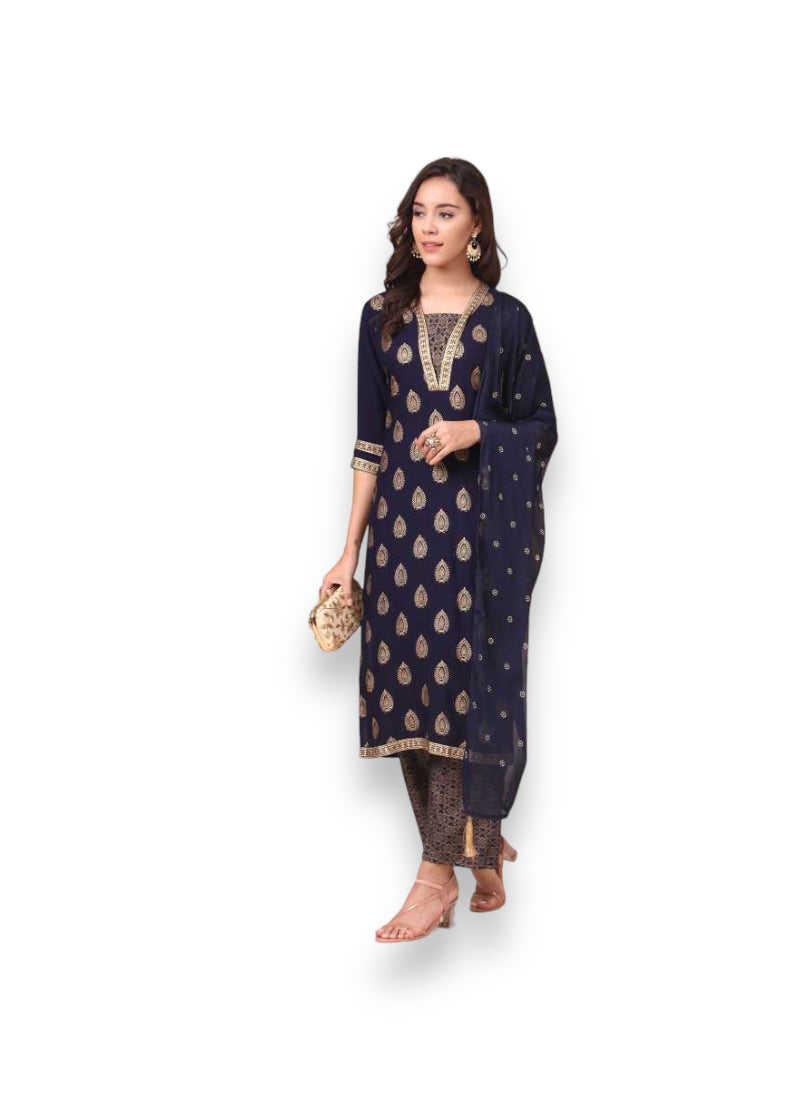 Traditional designer wear Kurti with pant and dupatta set by Saree Ghor Charlotte, featuring intricate ethnic embroidery for women.