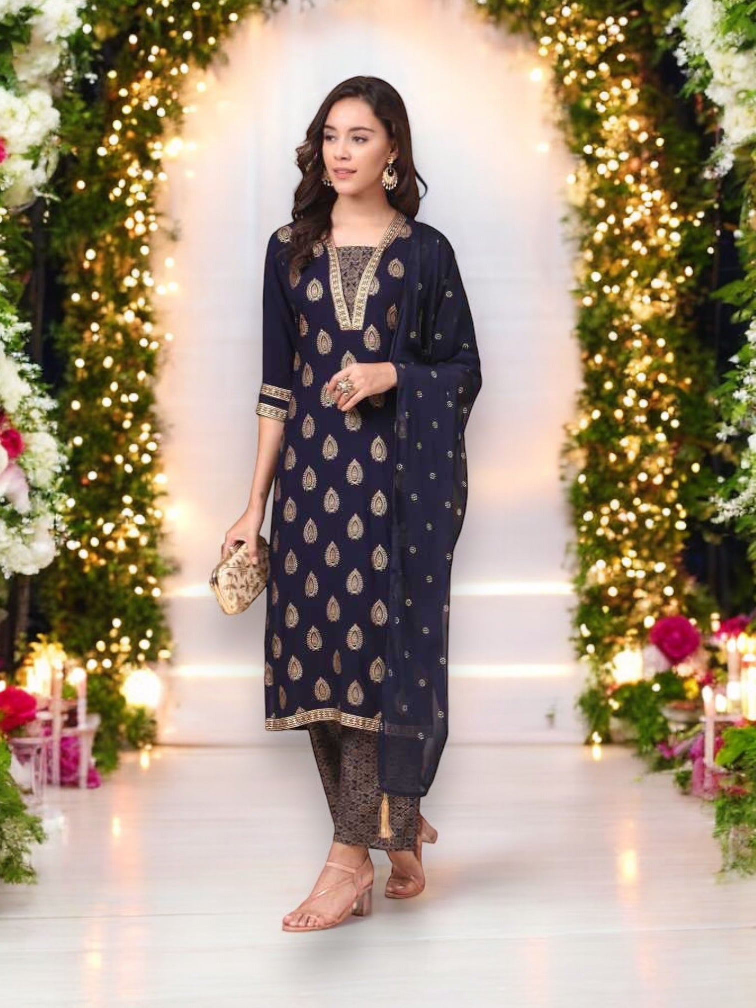 Traditional Saree Ghor Charlotte kurti with matching pant and dupatta set, ethnic designer wear for women.