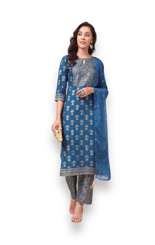 Traditional designer wear Kurti with pant and dupatta set by Saree Ghor Charlotte, ethnic casual wear for women.