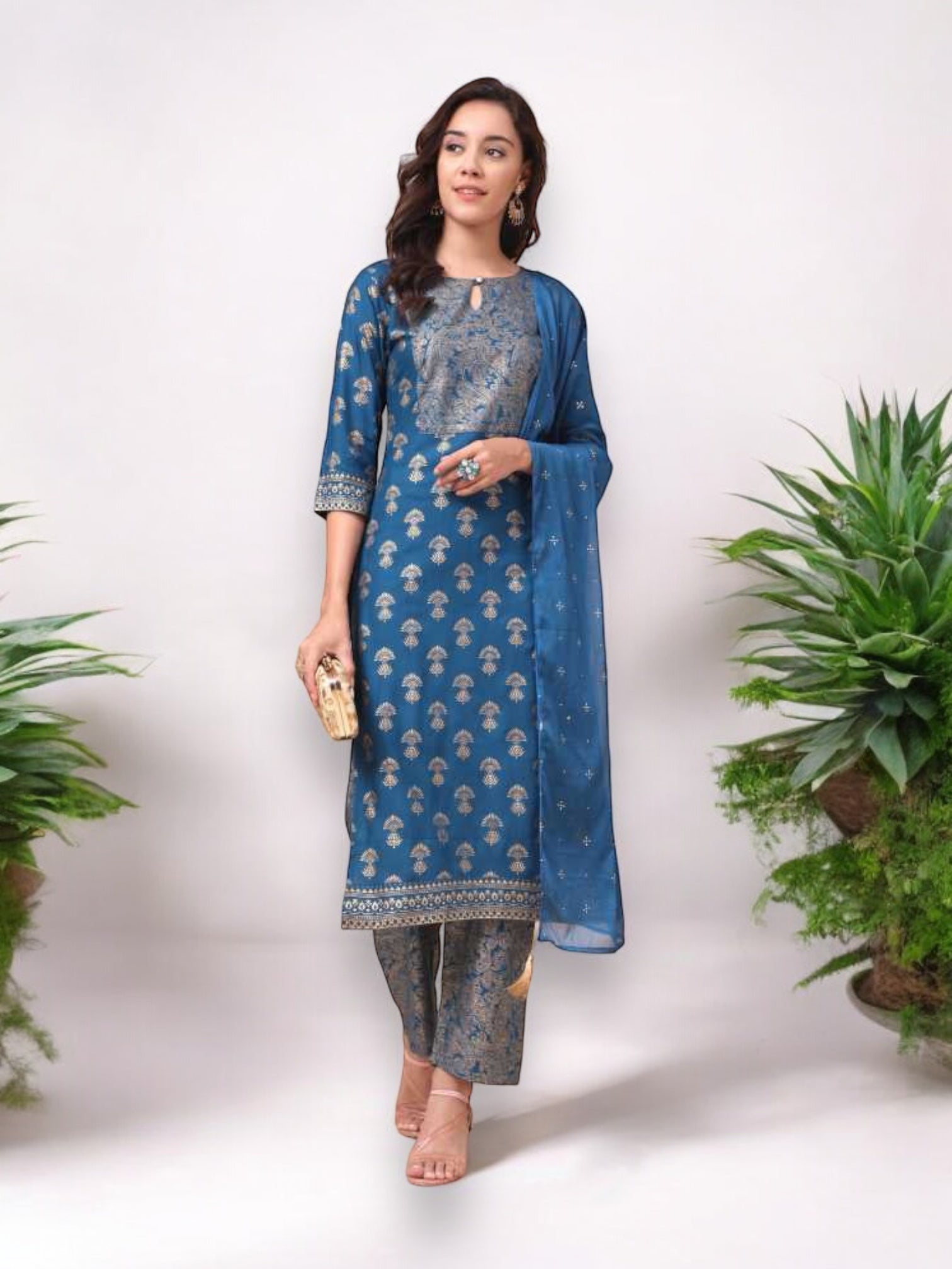 Traditional designer Salwar Kameez set with kurti, pants, and dupatta by Saree Ghor Charlotte for women, ethnic wear ensemble.