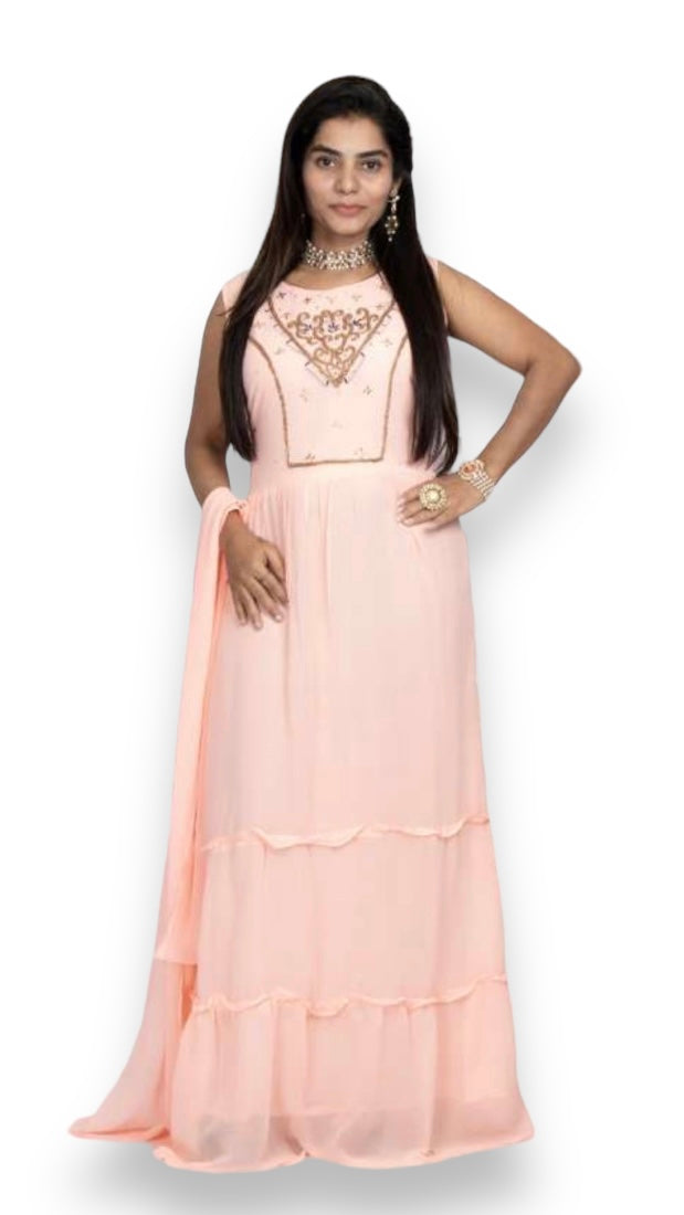 Traditional Georgette stone work long gown, elegant ethnic wear for women, featuring intricate embroidery and a flowing silhouette.