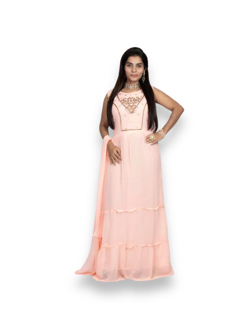 Traditional Georgette stone work long gown salwar kameez for women, elegant ethnic wear by Saree Ghor Charlotte.