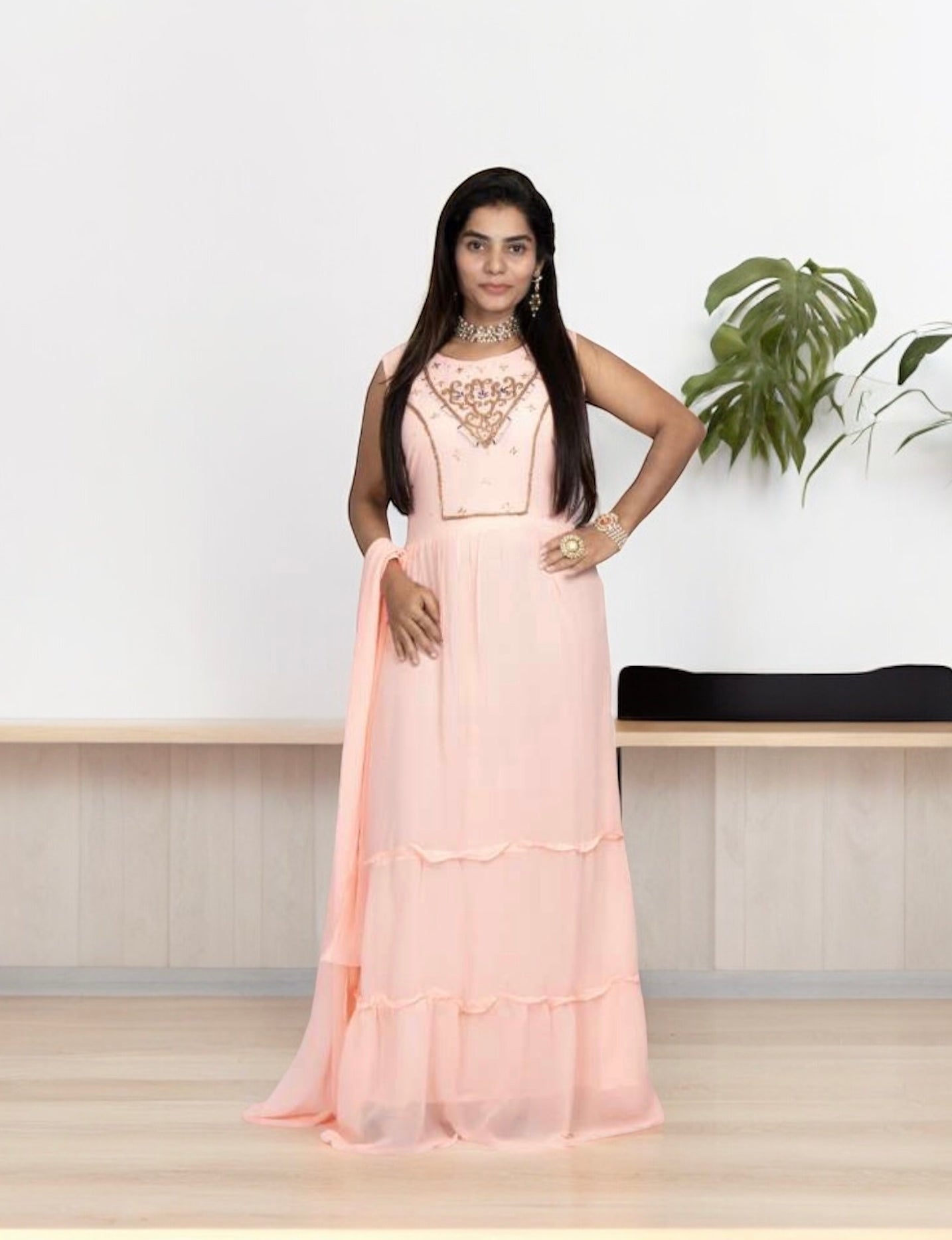 Traditional Georgette stone work long gown, ethnic women's Salwar Kameez by Saree Ghor Charlotte, elegant cultural wear.