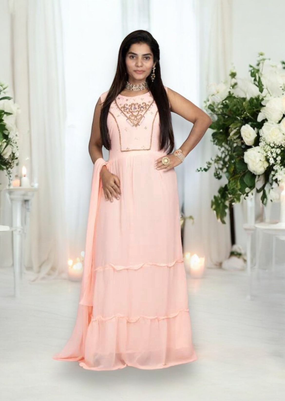 Traditional Georgette stone work long gown salwar kameez for women, featuring elegant ethnic wear design with intricate detailing.