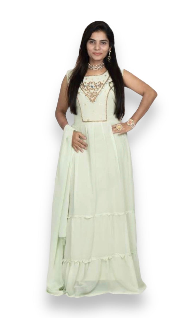 Traditional Georgette stone work long gown, elegant ethnic salwar kameez by Saree Ghor Charlotte, suited for cultural wear for women.