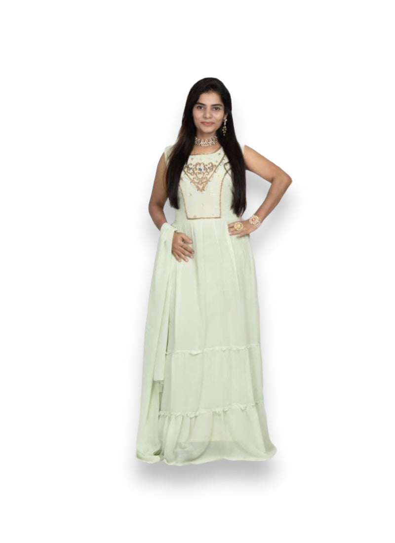 Traditional Georgette stone work long gown by Saree Ghor Charlotte, elegant ethnic salwar kameez for women.