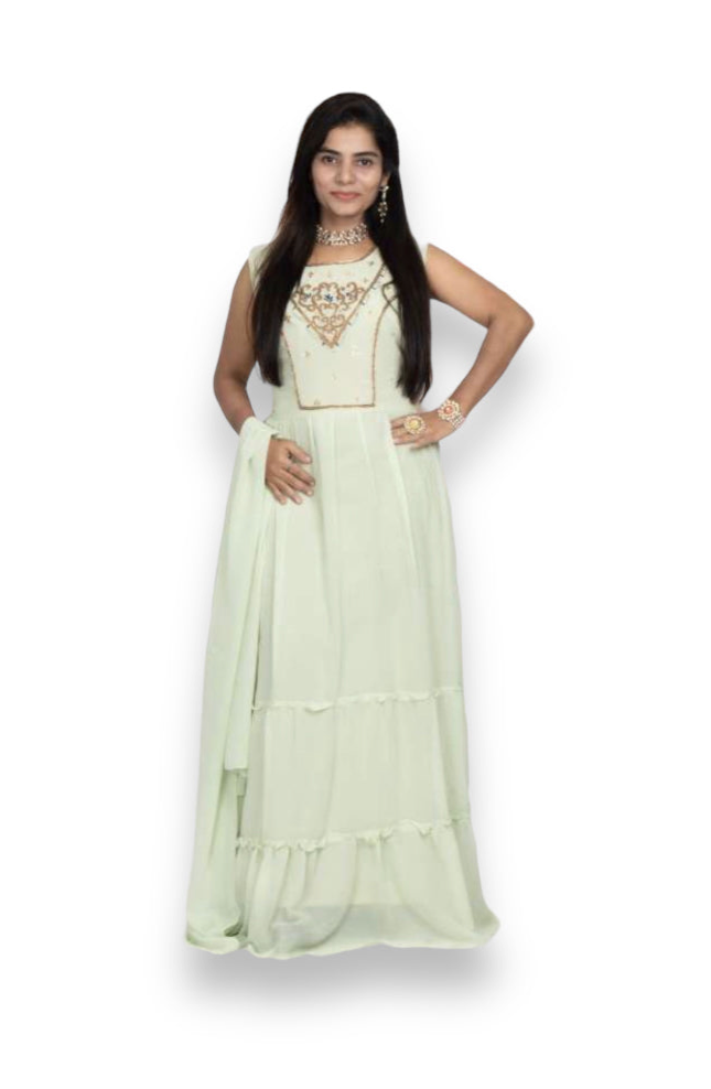 Traditional Georgette stone work long gown, elegant women's ethnic wear, part of Saree Ghor Charlotte's salwar kameez collection.
