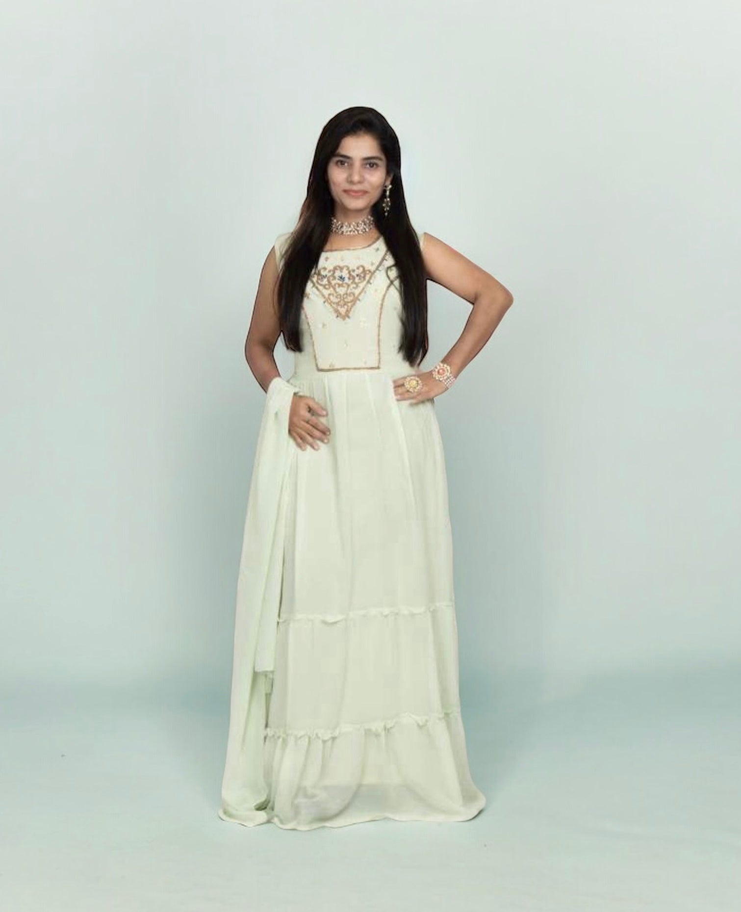 Traditional Georgette stone work long gown salwar kameez for women, elegant ethnic wear by Saree Ghor Charlotte.
