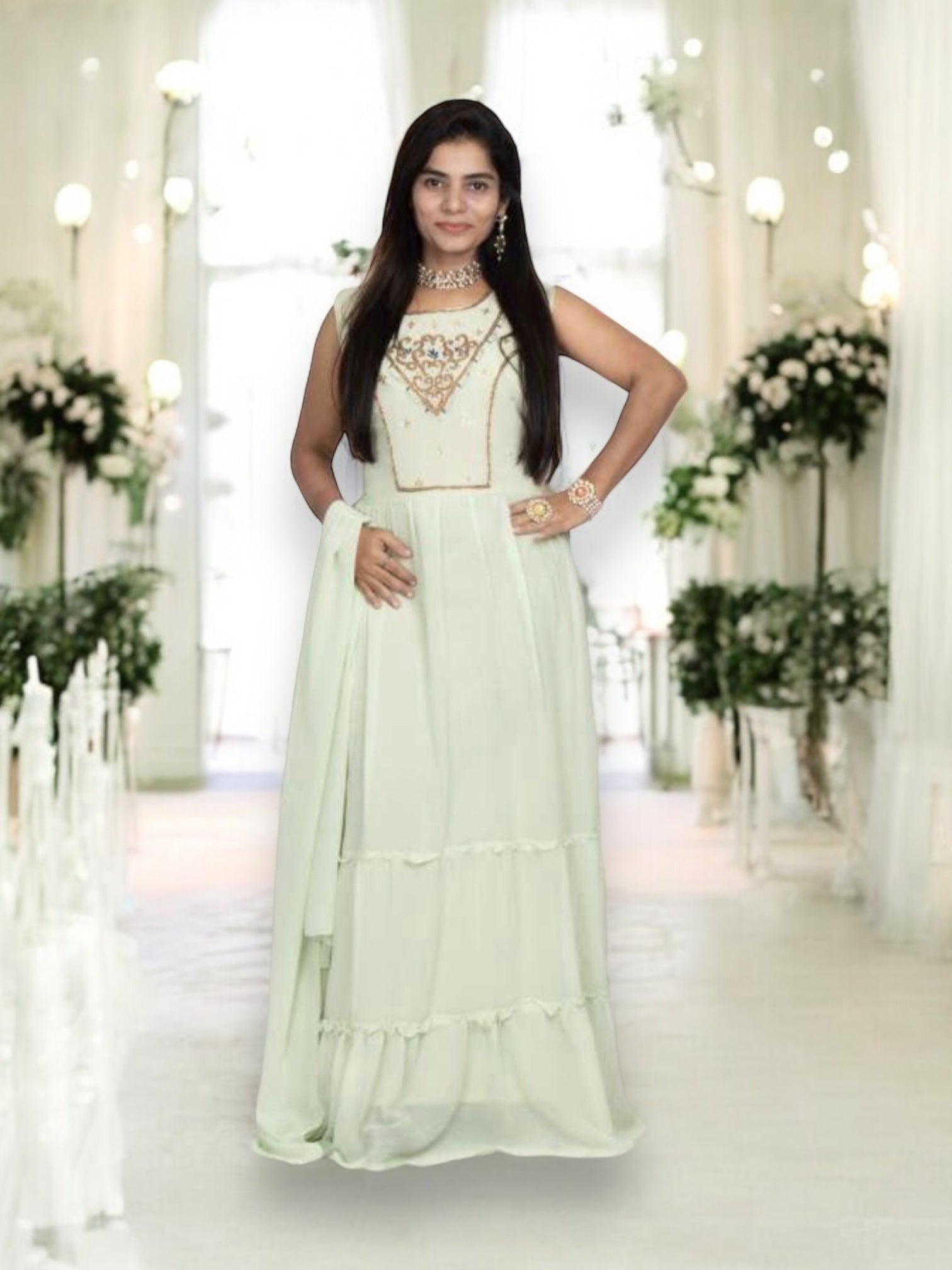 Traditional Georgette stone work long gown from Saree Ghor Charlotte, elegant ethnic women's salwar kameez with intricate embroidery.
