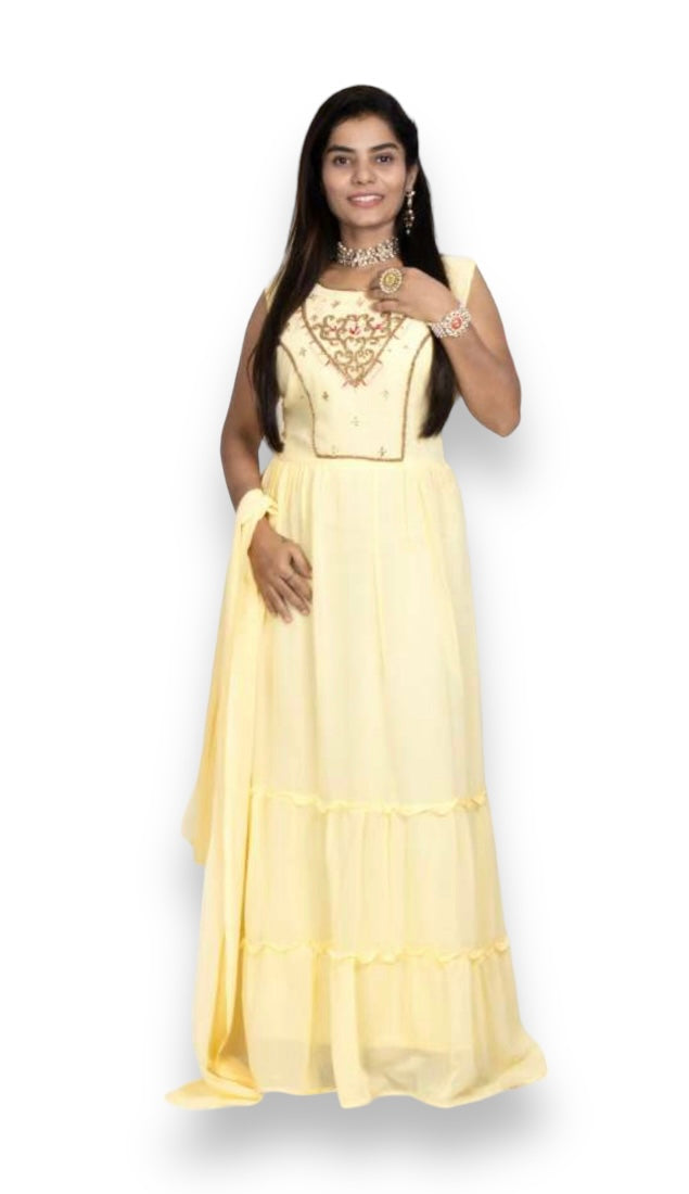 Traditional Georgette stone work long gown, elegant ethnic salwar kameez for women, showcasing intricate embroidery and flowing fabric.