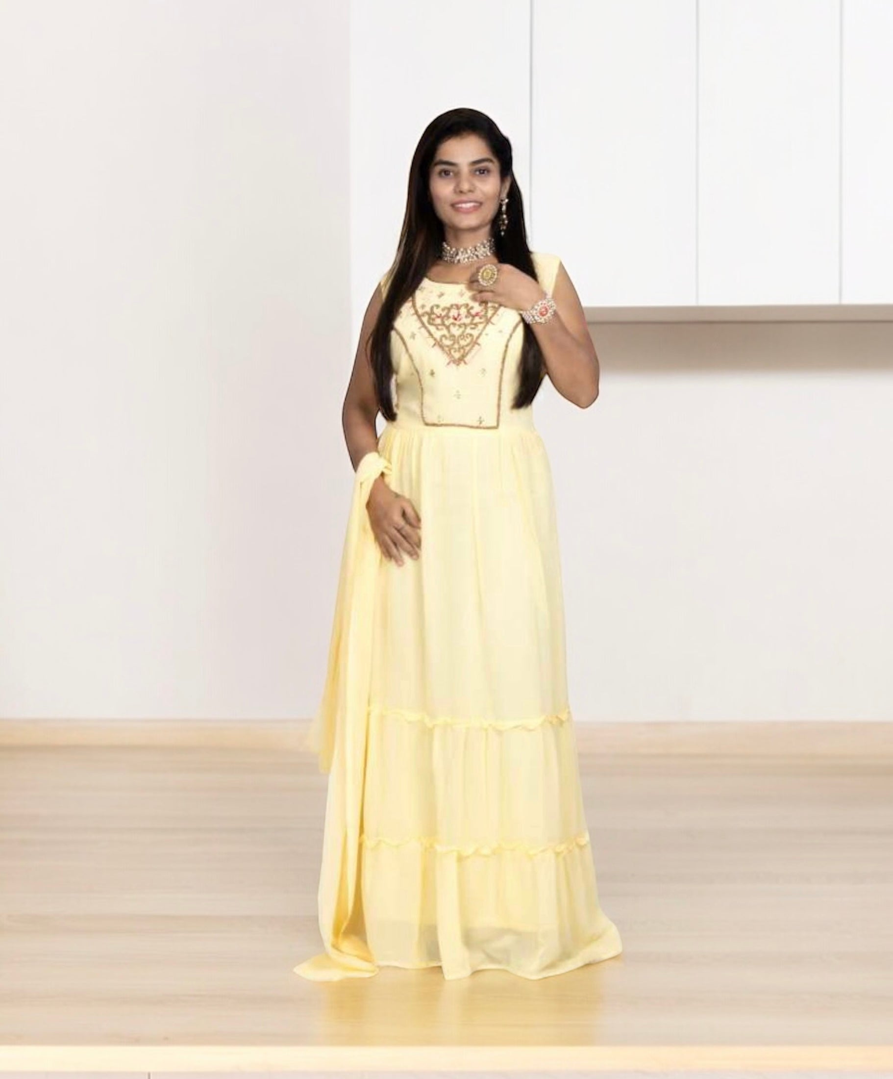 Traditional Georgette stone work long gown salwar kameez for women, elegant ethnic wear by Saree Ghor Charlotte.