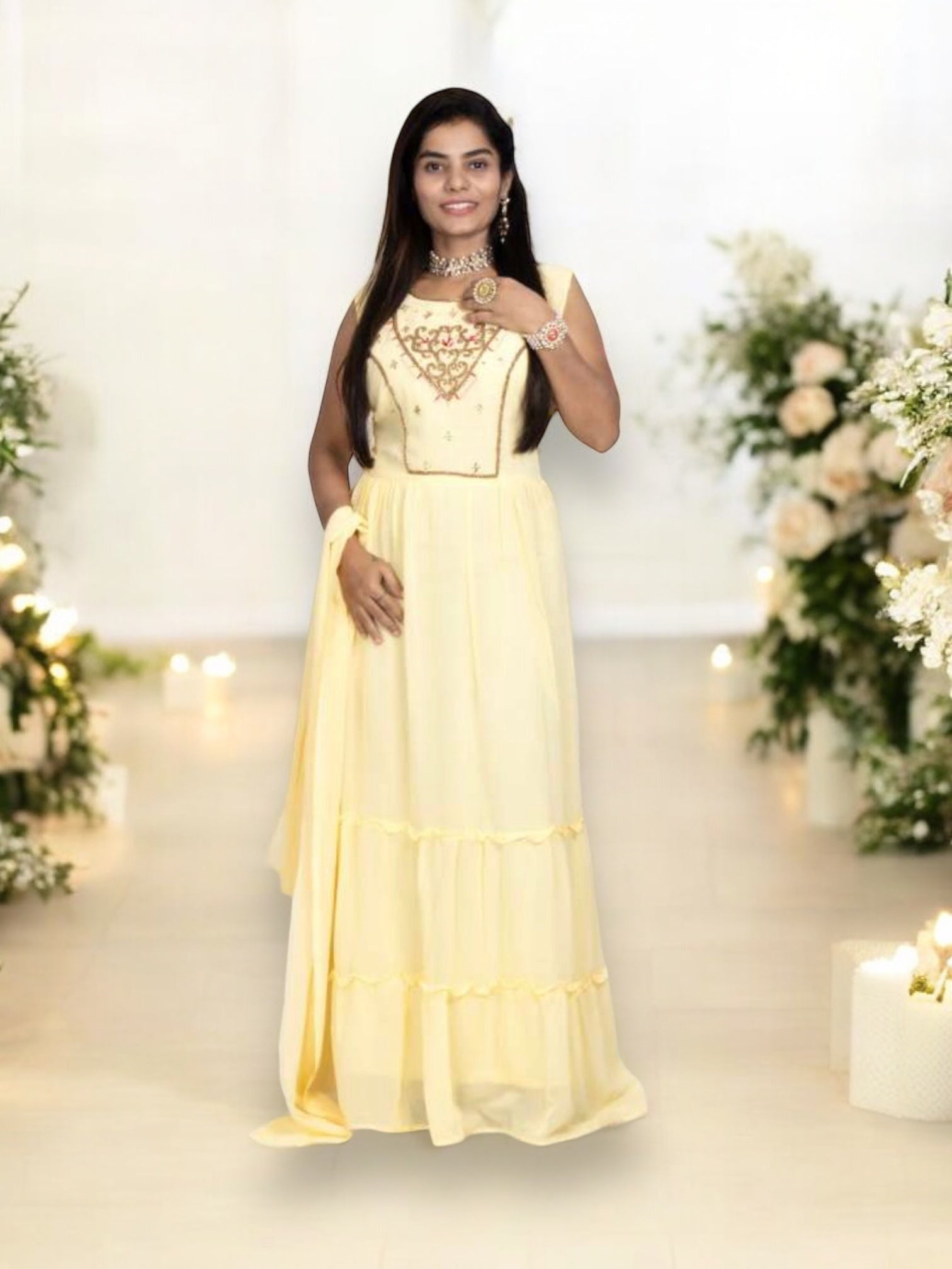 Traditional Georgette stone work long gown, elegant women's salwar kameez by Saree Ghor Charlotte, showcasing intricate embroidery.