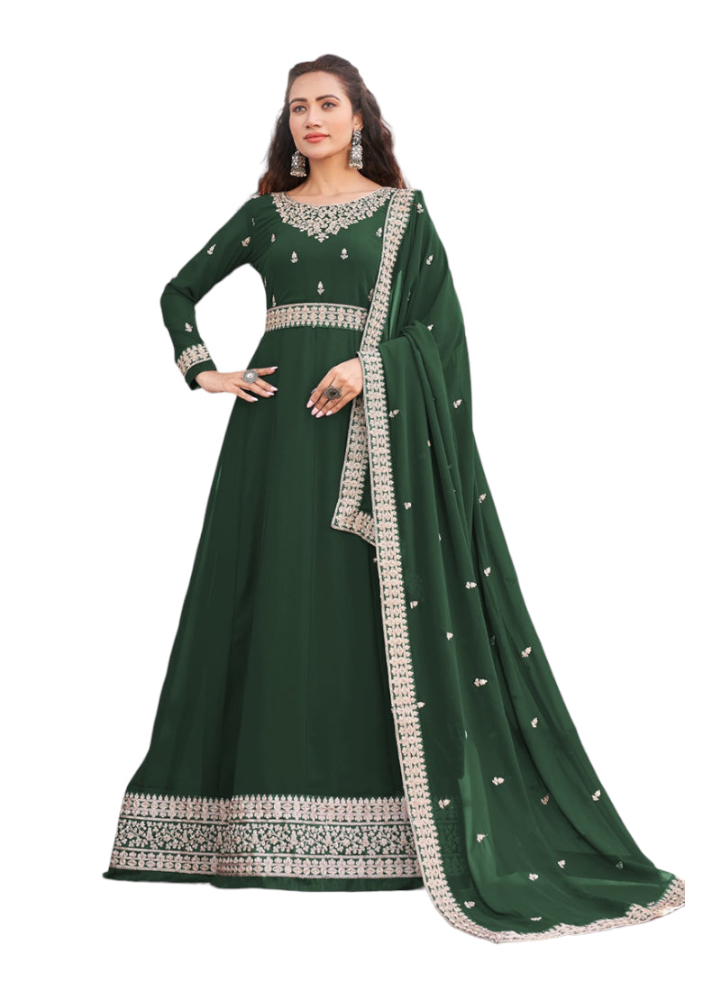 Traditional green faux Georgette salwar kameez with heavy embroidery, cultural ethnic wear for women, by Saree Ghor Charlotte.