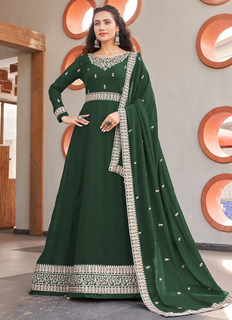 Traditional green faux Georgette salwar kameez with heavy work, cultural wear for women, by Saree Ghor Charlotte.