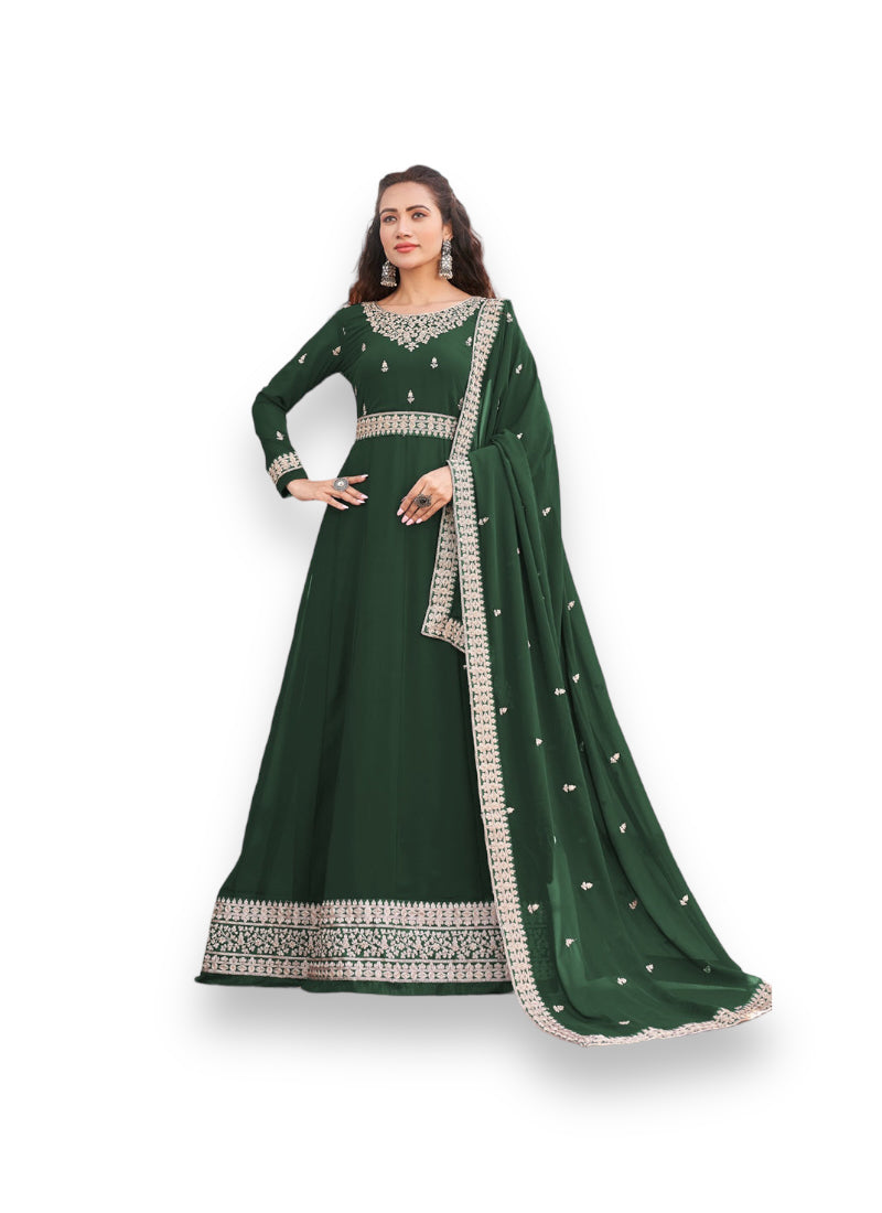 Traditional green faux georgette salwar kameez with heavy embroidery, cultural ethnic wear for women, by Saree Ghor Charlotte.