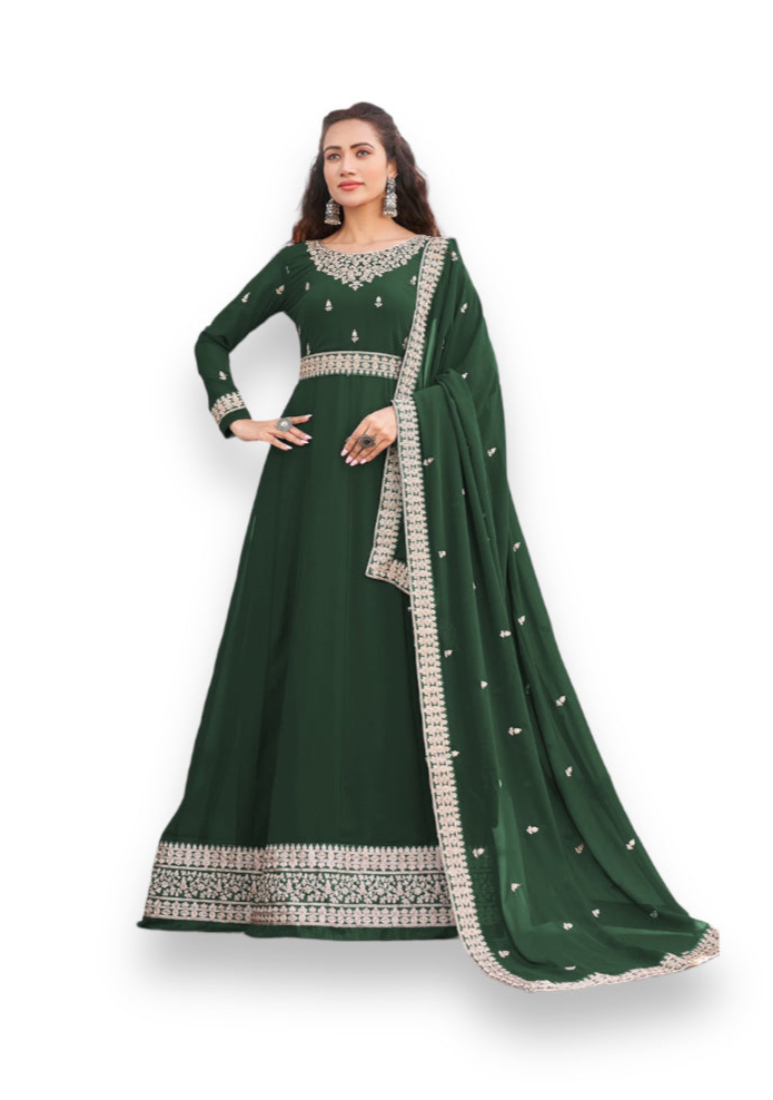 Traditional green faux georgette salwar kameez with heavy work, ethnic wear for women by Saree Ghor Charlotte.