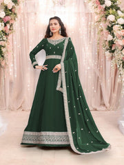 Traditional green faux georgette salwar kameez with heavy embroidery for women, cultural wear by Saree Ghor Charlotte.