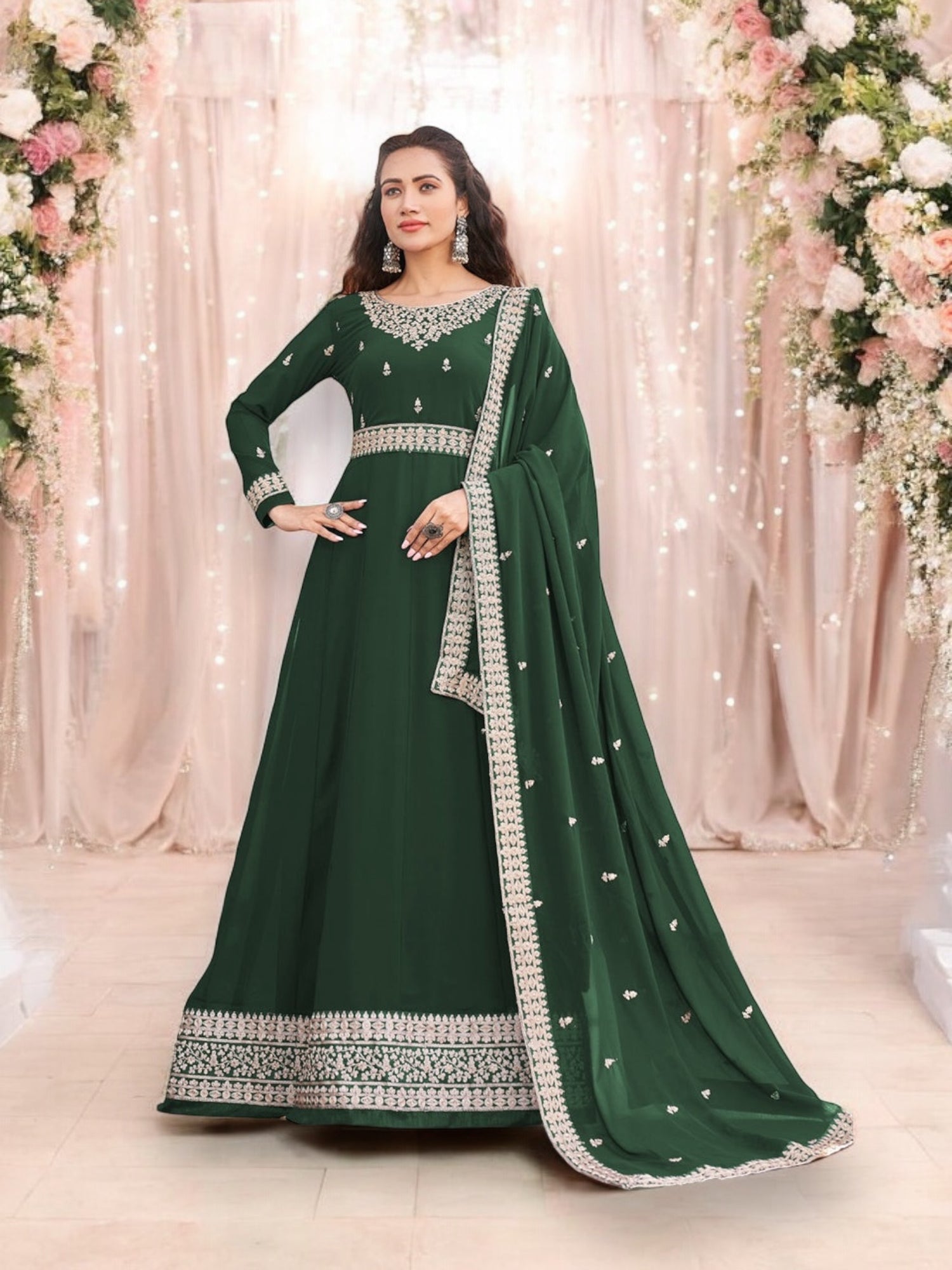 Traditional Green Color Faux Georgette Gown with Heavy Work-Ethnic Wear for Women - Saree Ghor Charlotte