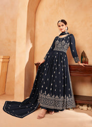 Traditional navy blue Nayra cut faux georgette salwar suit by Saree Ghor Charlotte, featuring intricate embroidery and elegant ethnic design.