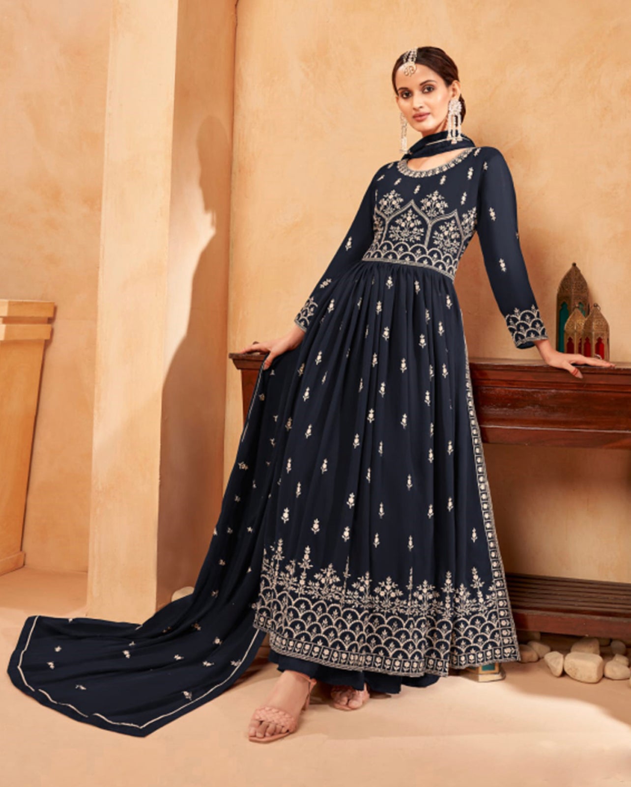Traditional navy blue Nayra cut faux Georgette wedding salwar kameez for women, featuring intricate embroidery and ethnic design.