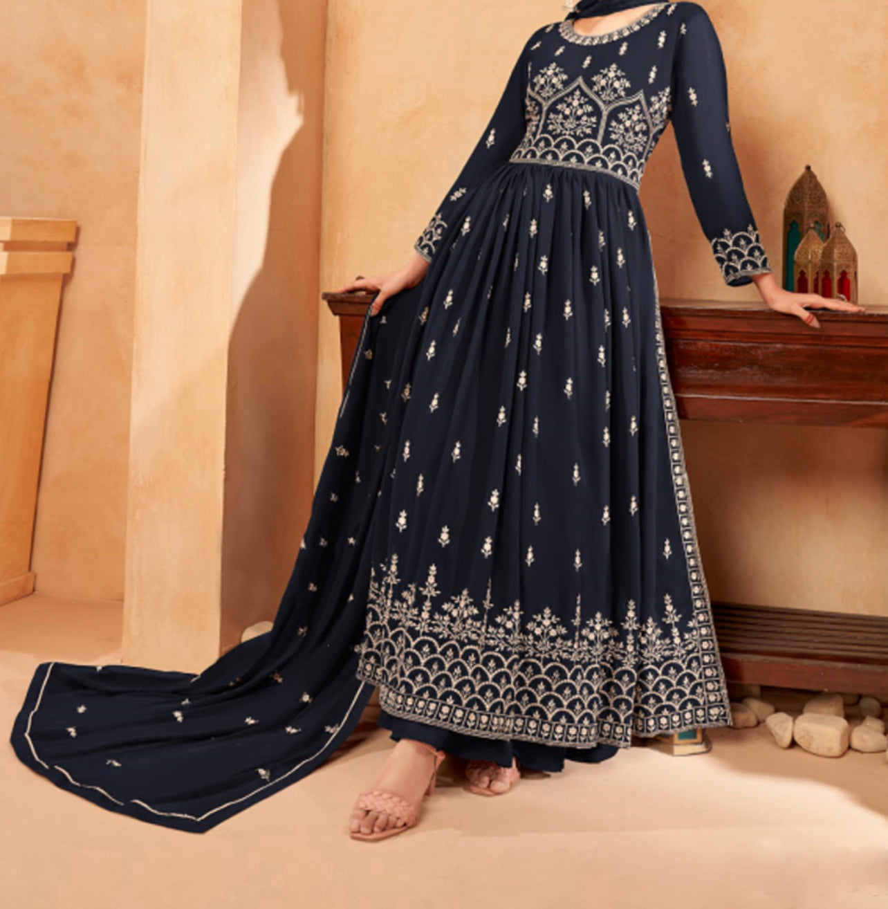 Traditional navy blue Nayra cut faux georgette salwar suit for women, showcasing intricate embroidery and elegant ethnic design.