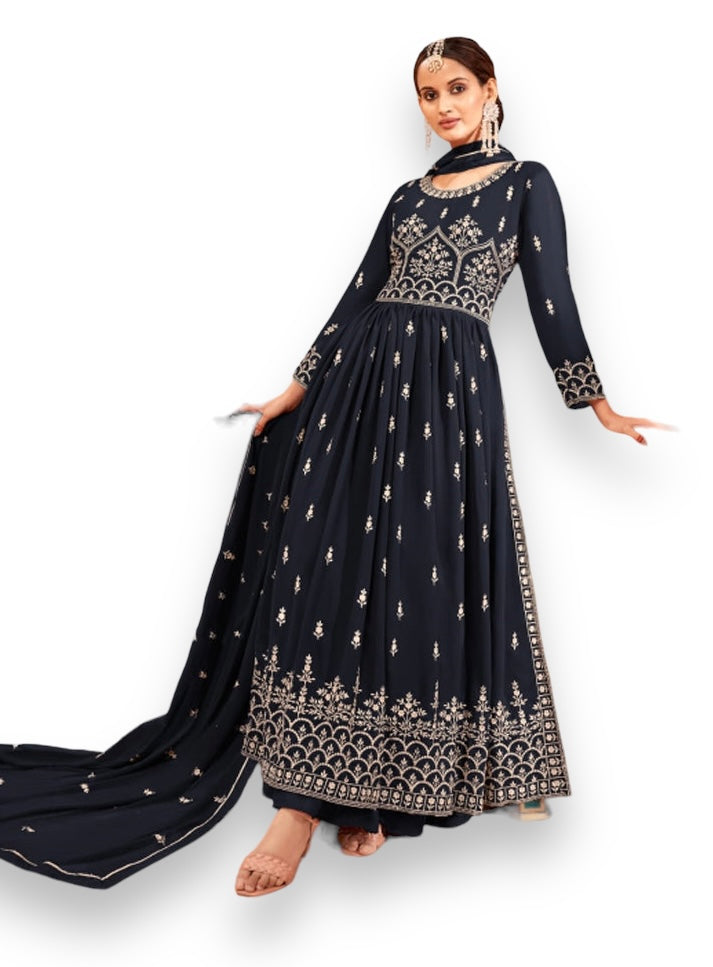 Traditional navy blue Nayra cut faux georgette salwar suit for women, showcasing intricate embroidery and elegant ethnic style.