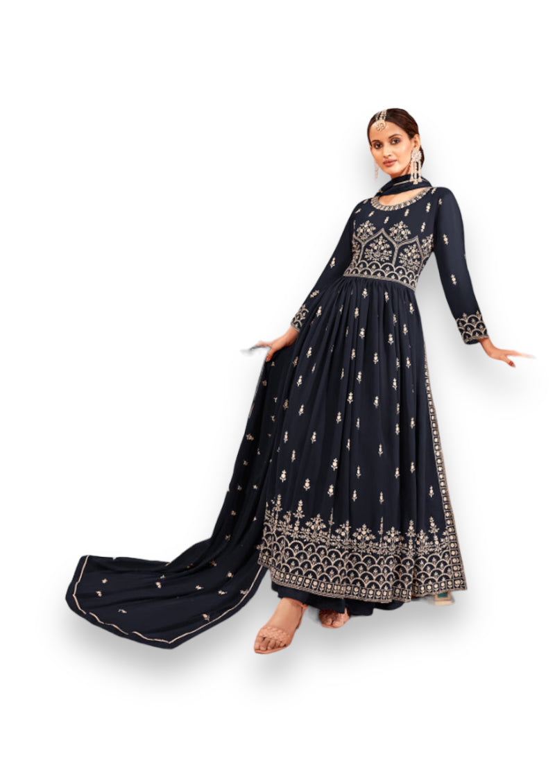 Traditional navy blue Nayra cut faux georgette salwar kameez for women, cultural wedding wear from Saree Ghor Charlotte.