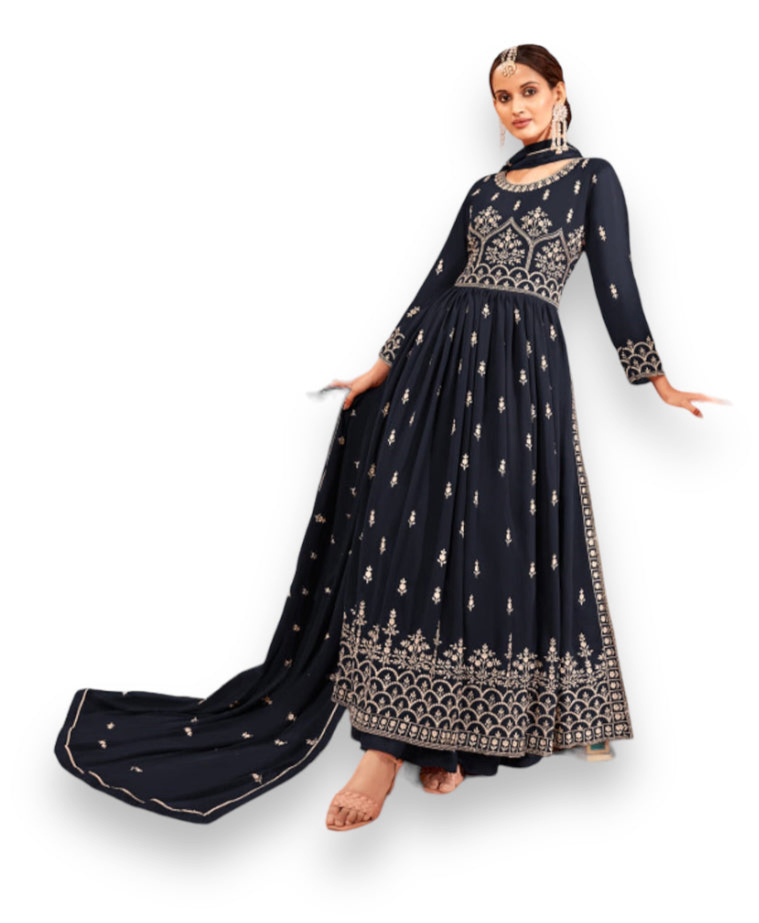 Traditional navy blue Nayra cut faux georgette salwar suit by Saree Ghor Charlotte, with intricate embroidery and matching dupatta.