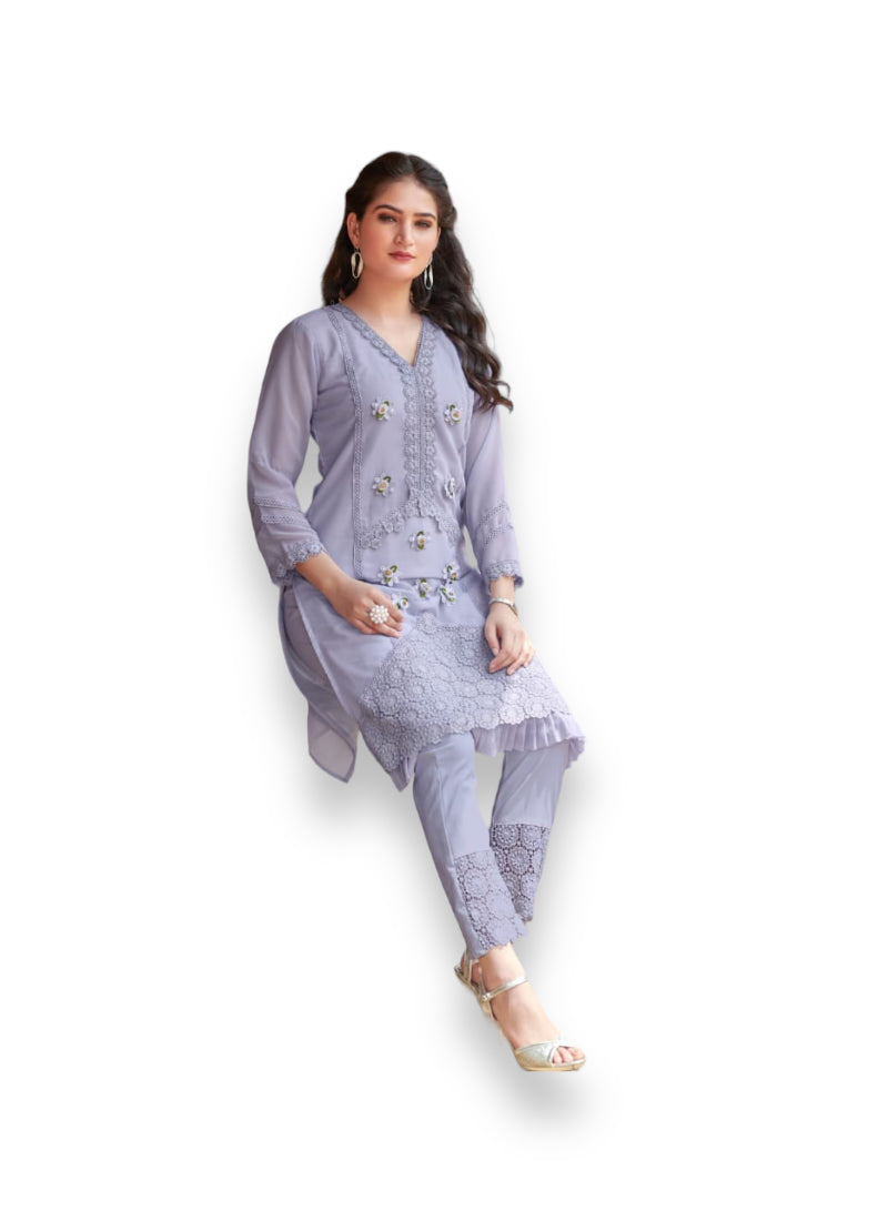 Traditional Saree Ghor Charlotte party wear Kurti set with intricate embroidery, stylish dupatta, and matching salwar for women.