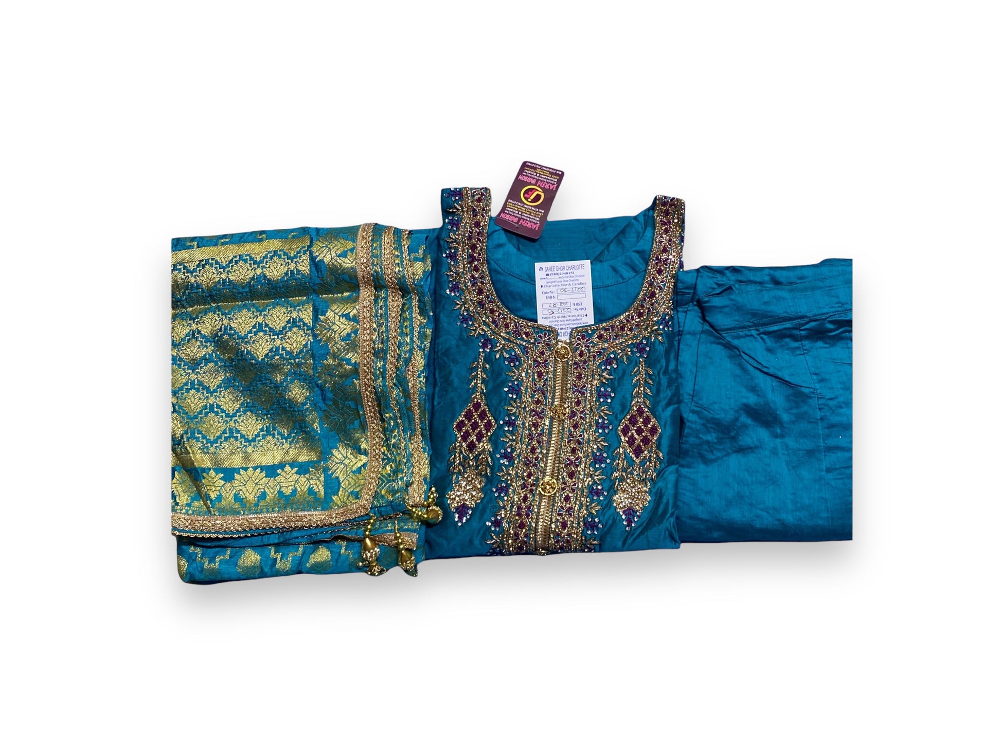 Traditional long sleeve Salwar Kameez suit by Saree Ghor Charlotte, featuring intricate ethnic embroidery and vibrant colors.