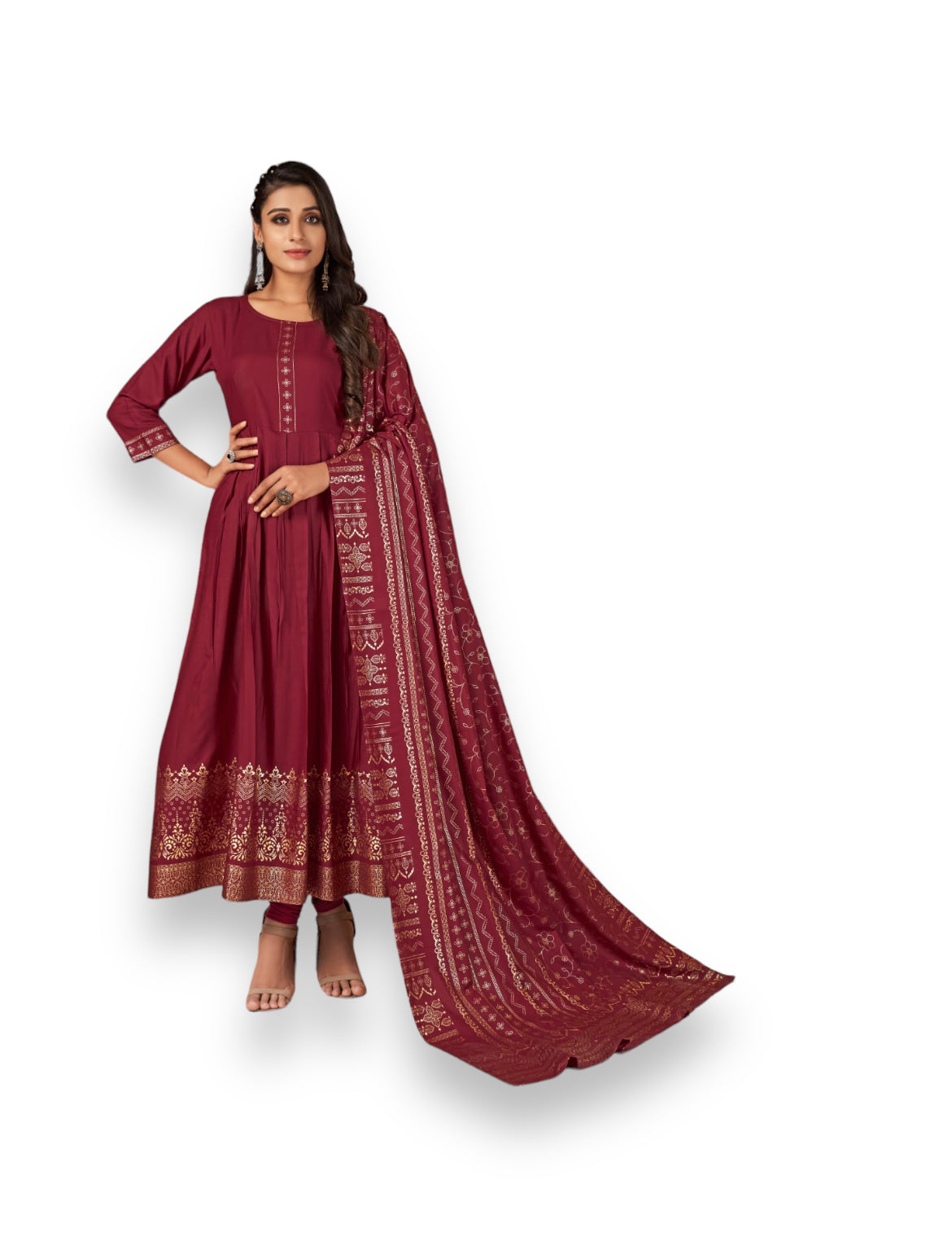 Traditional rayon printed kurti with dupatta from Saree Ghor Charlotte, showcasing vibrant ethnic wear for women.