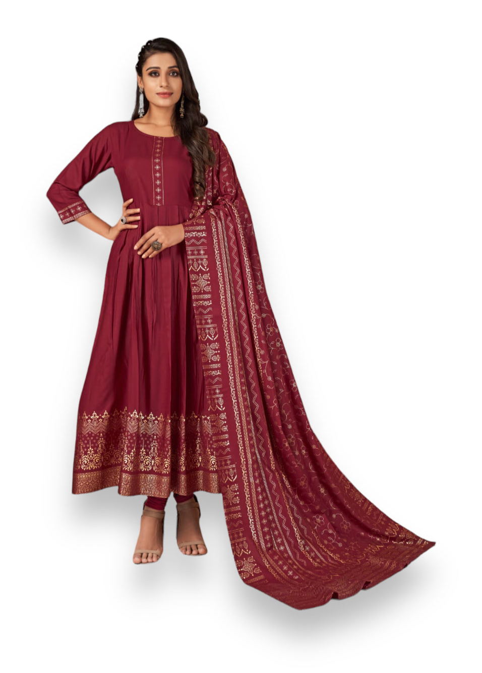 Traditional rayon printed kurti with dupatta from Saree Ghor Charlotte, showcasing vibrant floral design and ethnic style for women.