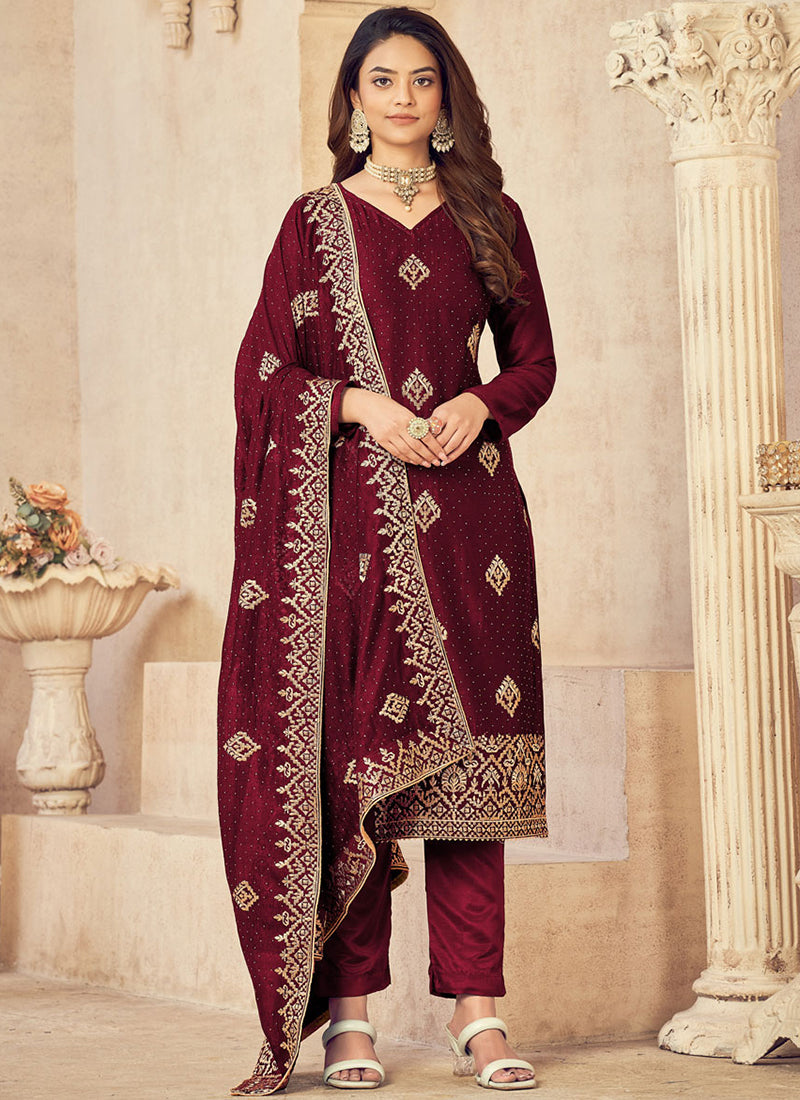Traditional Regal Maroon Bridal Salwar Kameez by Saree Ghor Charlotte, elegant ethnic wedding wear for women.