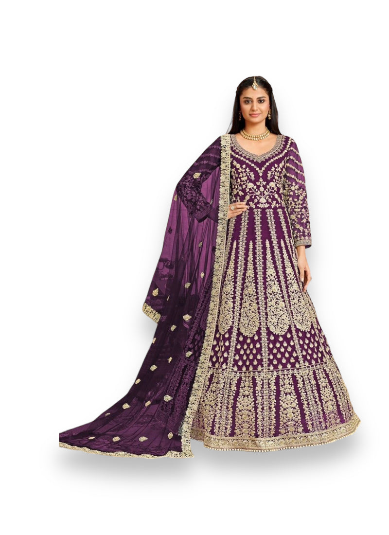 Traditional royal purple designer embroidery salwar kameez for women, ethnic wear by Saree Ghor Charlotte.