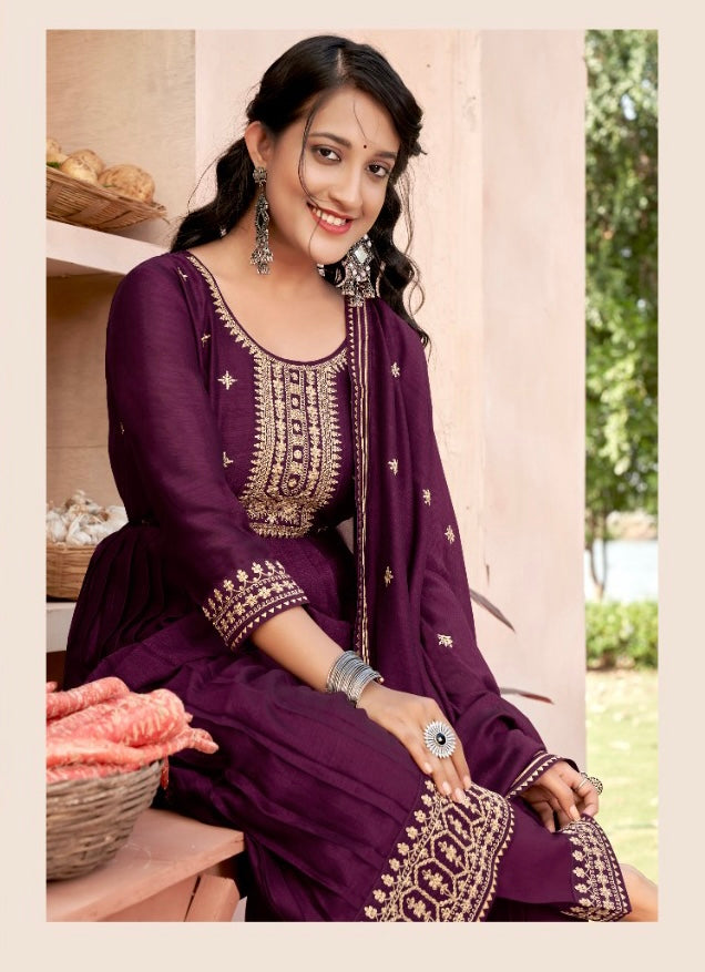 Traditional Vichitra Silk Salwar Kameez by Saree Ghor Charlotte featuring fancy work, cultural ethnic wear for women.