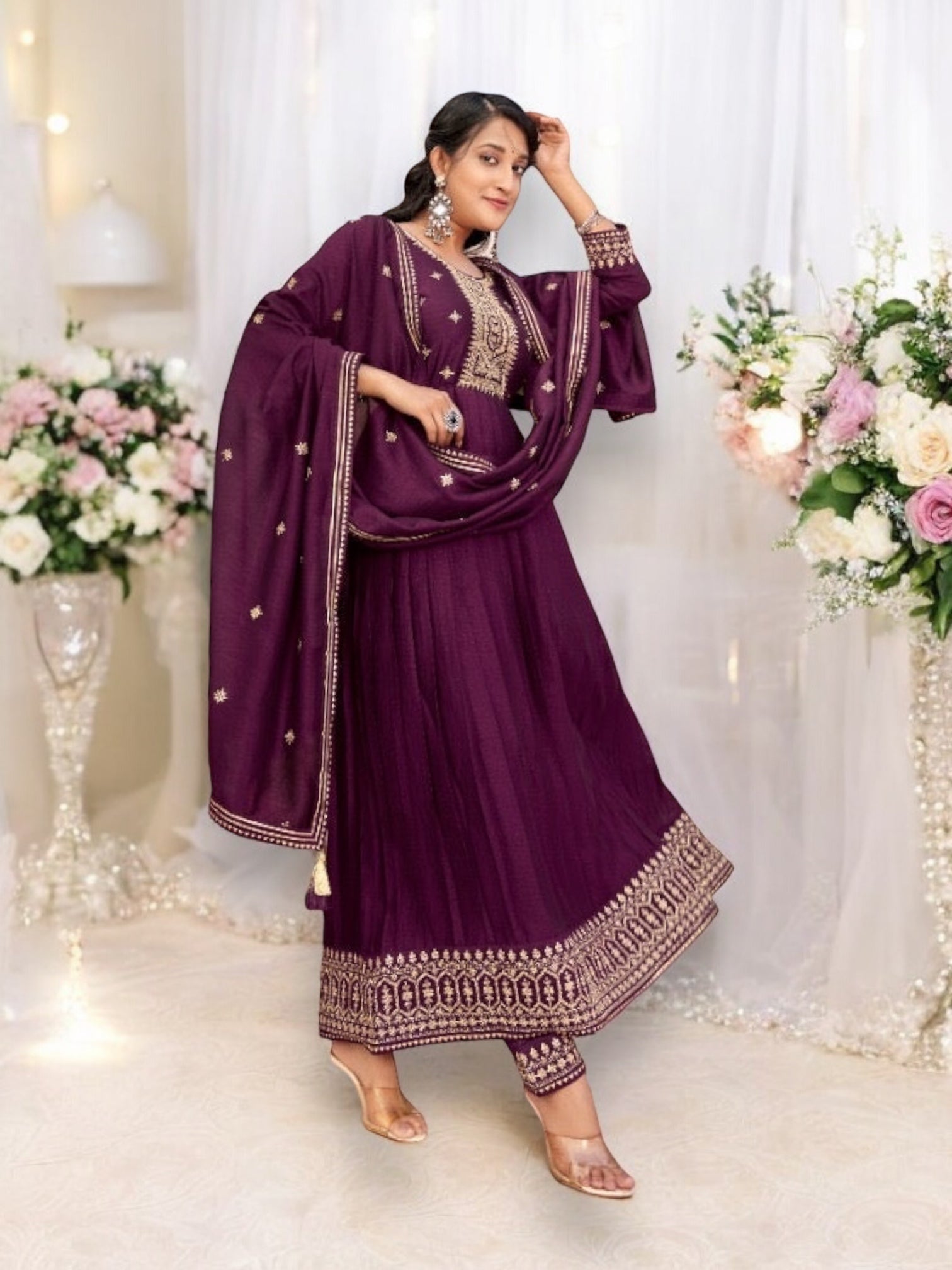 Traditional Vichitra Silk Salwar Kameez by Saree Ghor Charlotte with fancy embroidery, ethnic wear for women, front view.