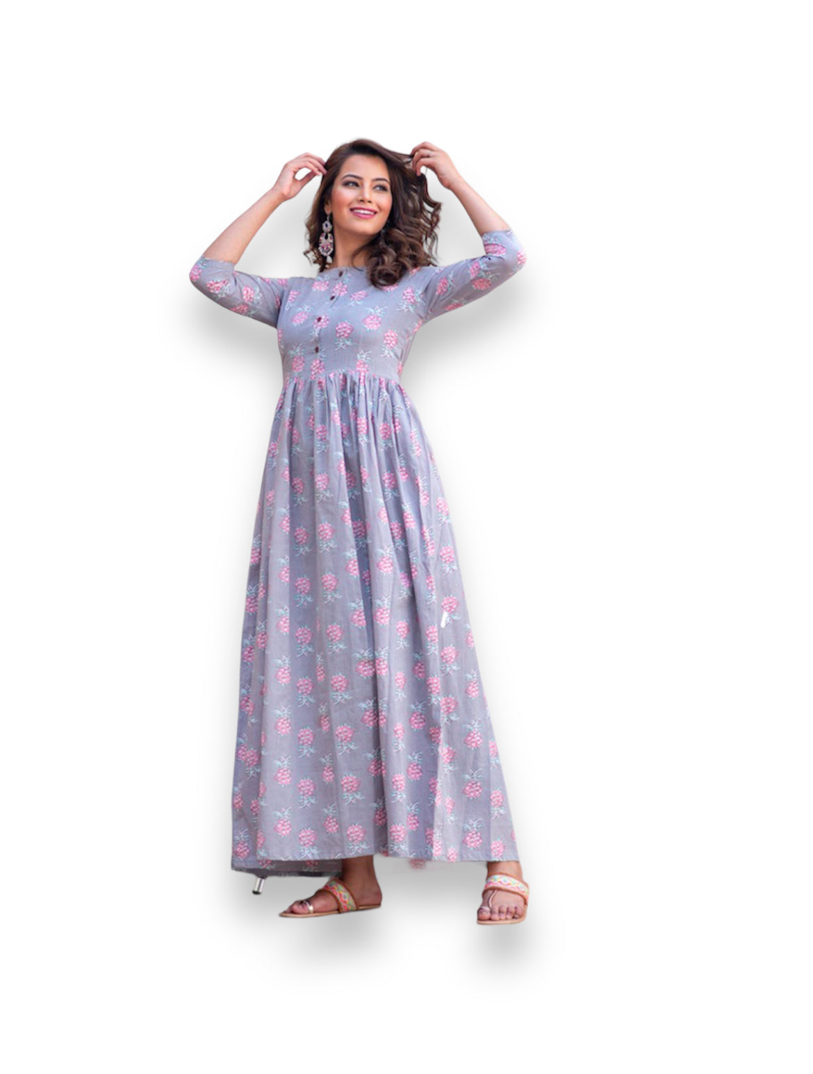 Blue muslin printed traditional salwar kameez gown by Saree Ghor Charlotte, featuring ethnic work and elegant design for women.