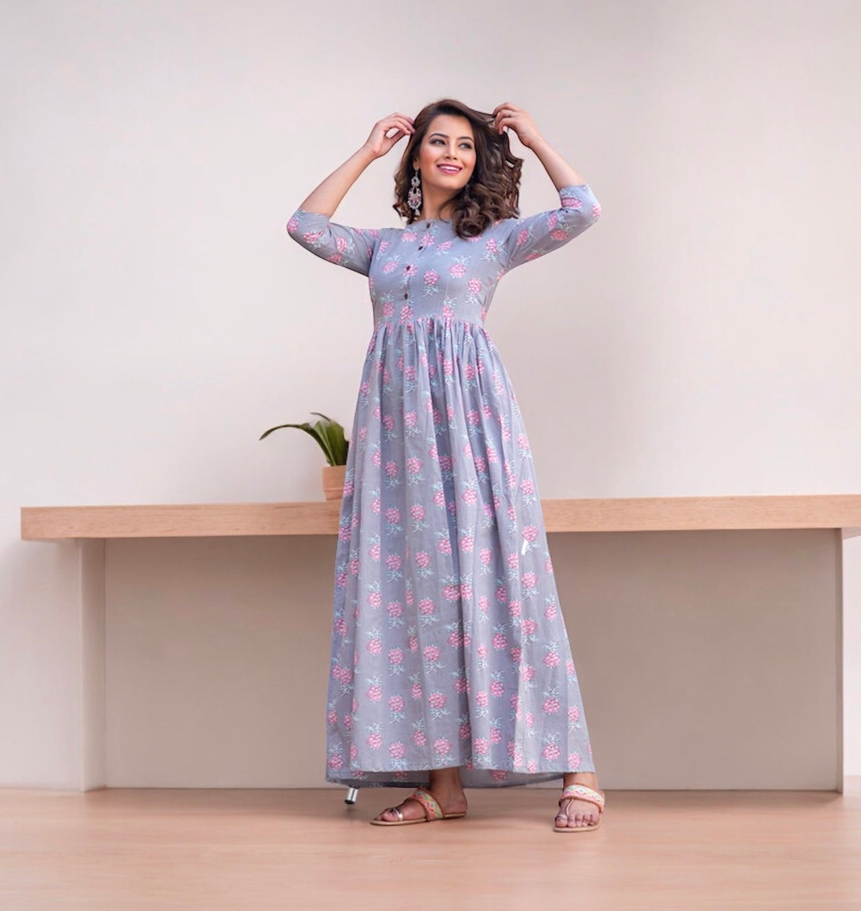 Blue Muslin printed traditional Salwar Kameez gown by Saree Ghor Charlotte, showcasing ethnic work and cultural wear for women.