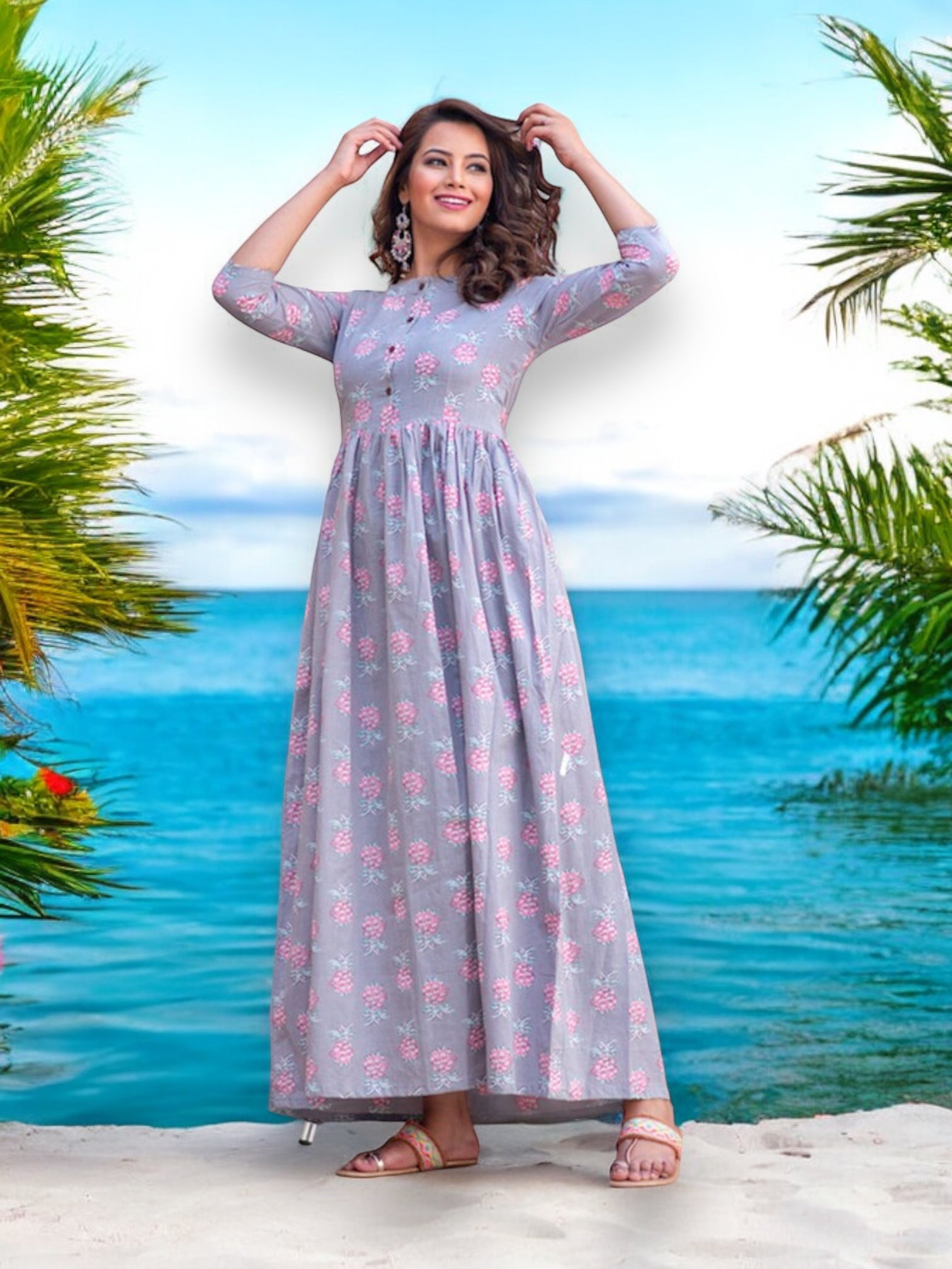 Blue muslin printed traditional salwar kameez gown for women, showcasing ethnic work and cultural wear by Saree Ghor Charlotte.