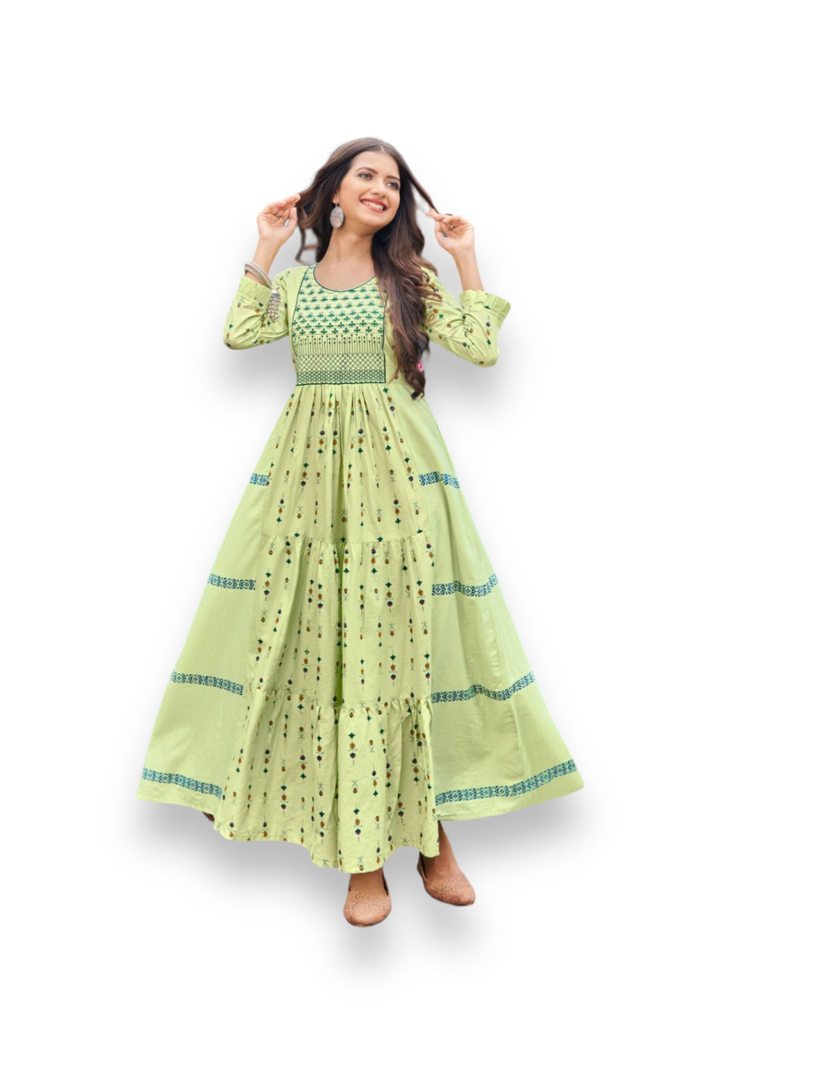 Traditional long frill gown salwar kameez by Saree Ghor Charlotte, ethnic wear for women with elegant, flowing design.