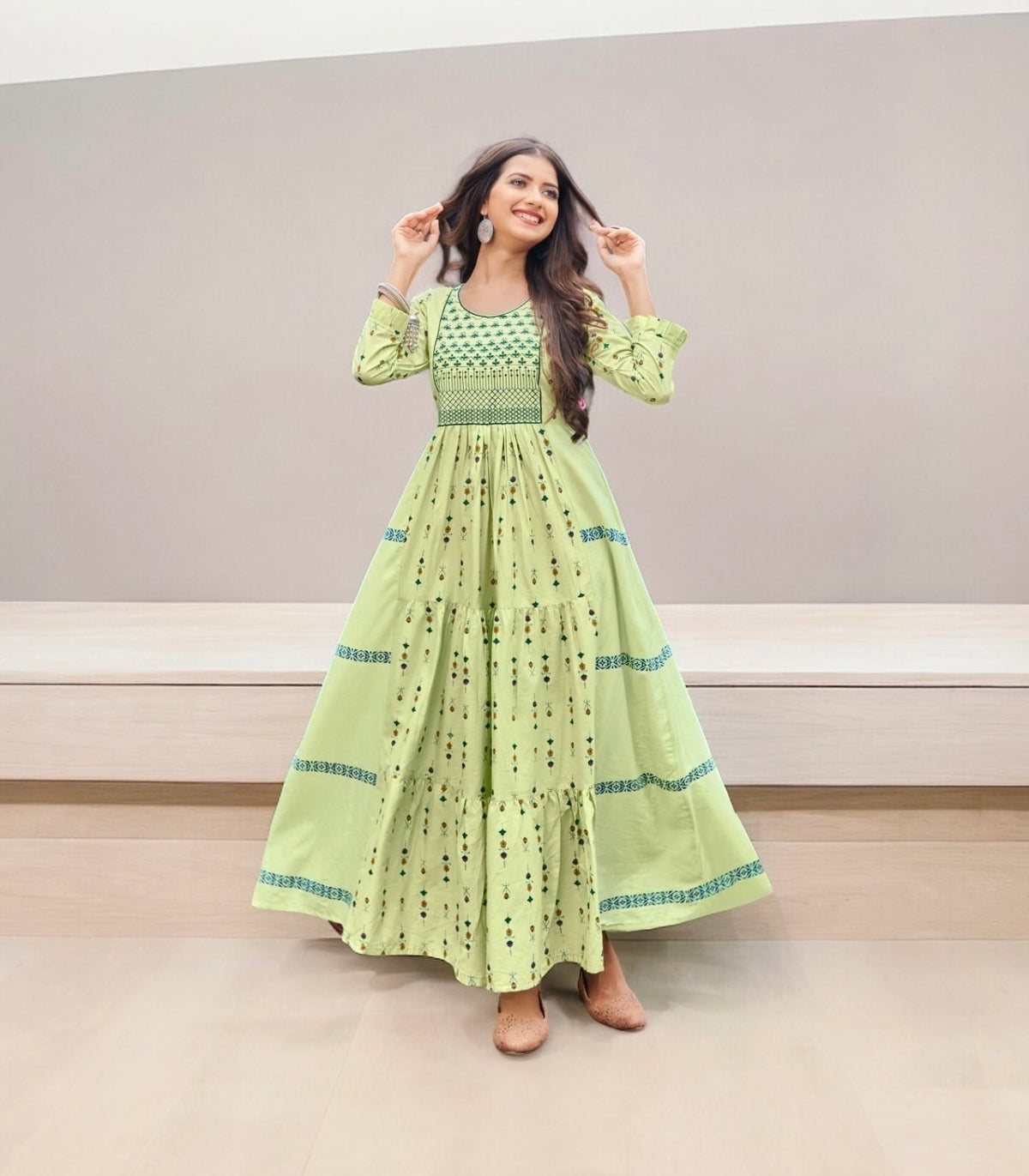 Traditional long frill gown salwar kameez for women by Saree Ghor Charlotte, showcasing elegant ethnic wear with intricate details.