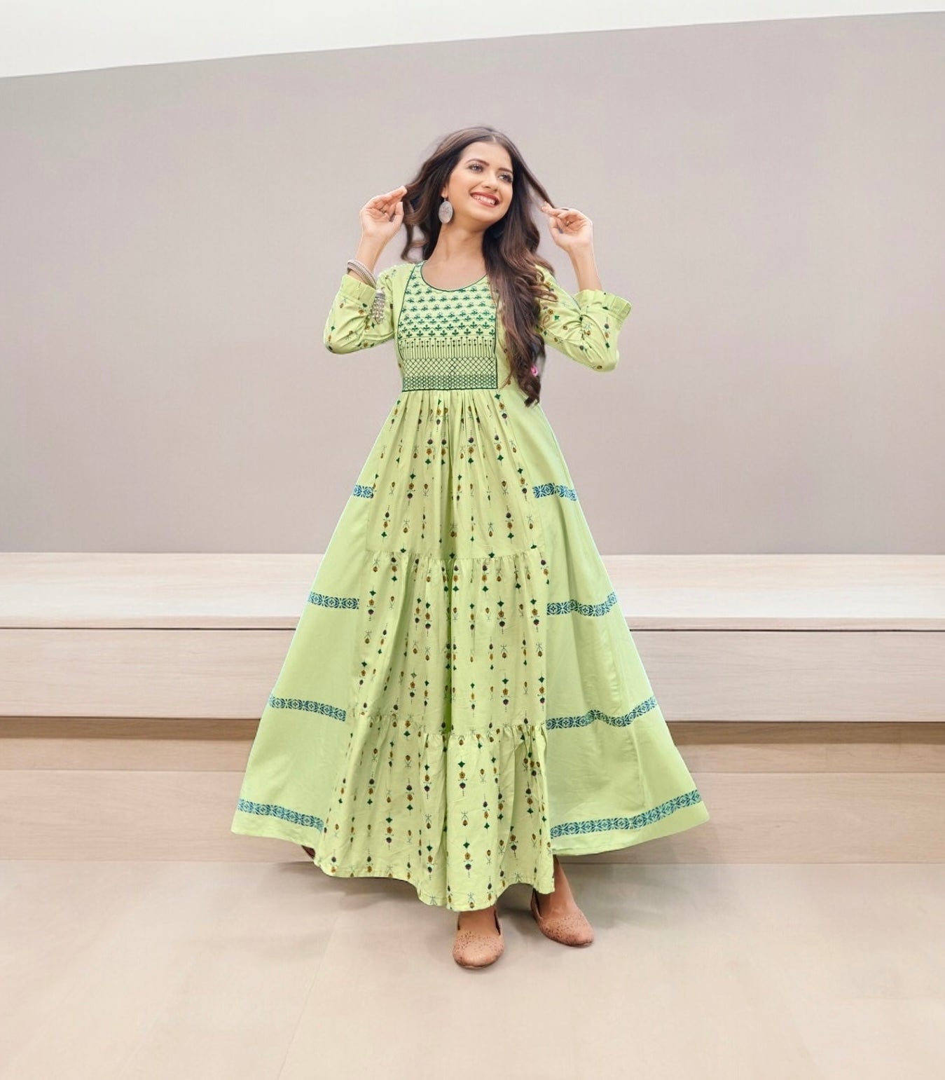 Traditional long frill gown salwar kameez by Saree Ghor Charlotte, elegant ethnic wear for women with intricate detailing.