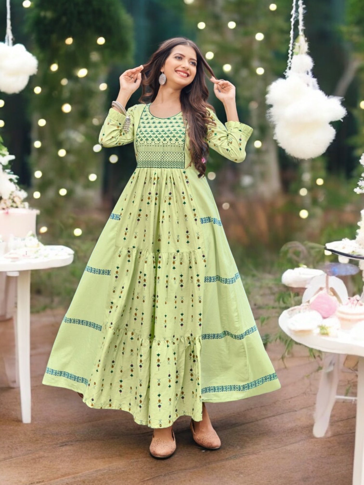 Traditional long frill gown salwar kameez by Saree Ghor Charlotte with elegant ethnic details for women.